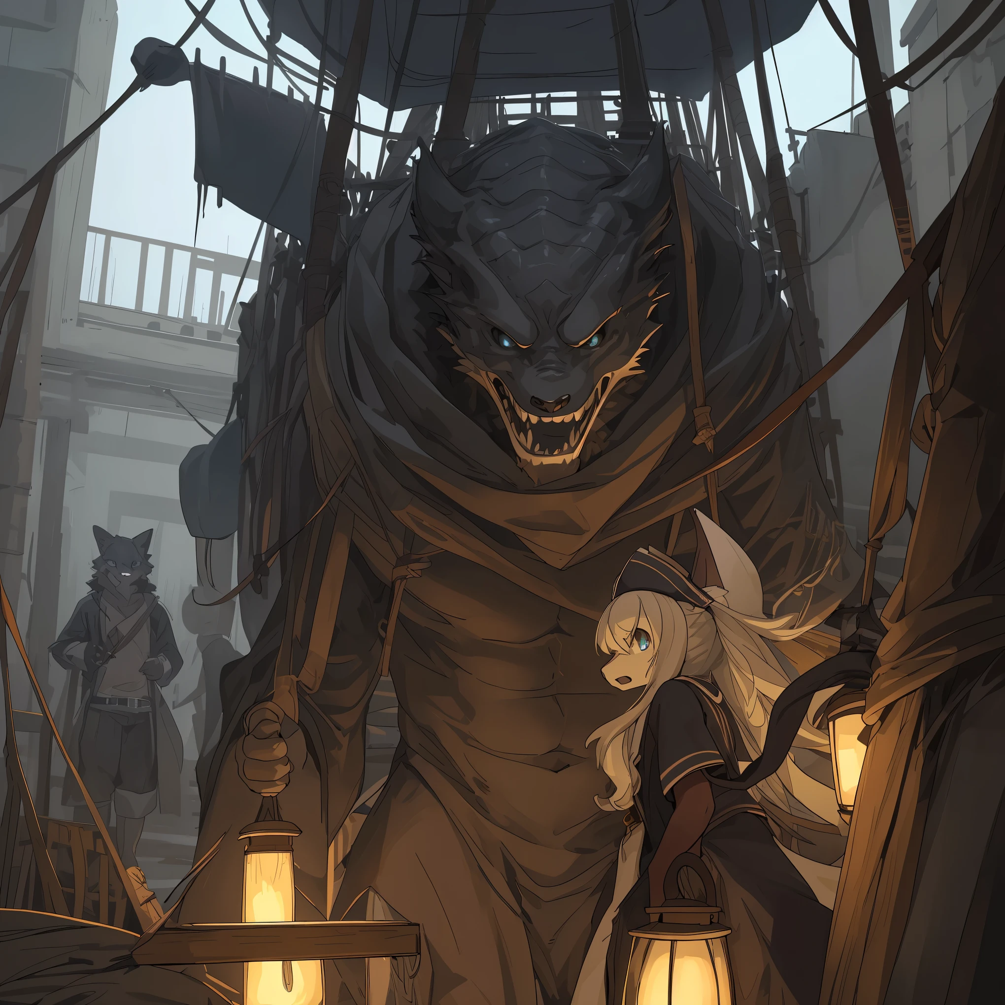 top quality, best quality, High-quality illustrations, masterpiece, super high resolution, detailed background, Hospitals with power outages, Spooky creatures, Pirate Ship, a pirate, 6+boys, 6+girls, absurdres(highly detailed beautiful face and eyes)perfect anatomy, expression, good lighting, cinematic shadow(kemono, furry anthro),