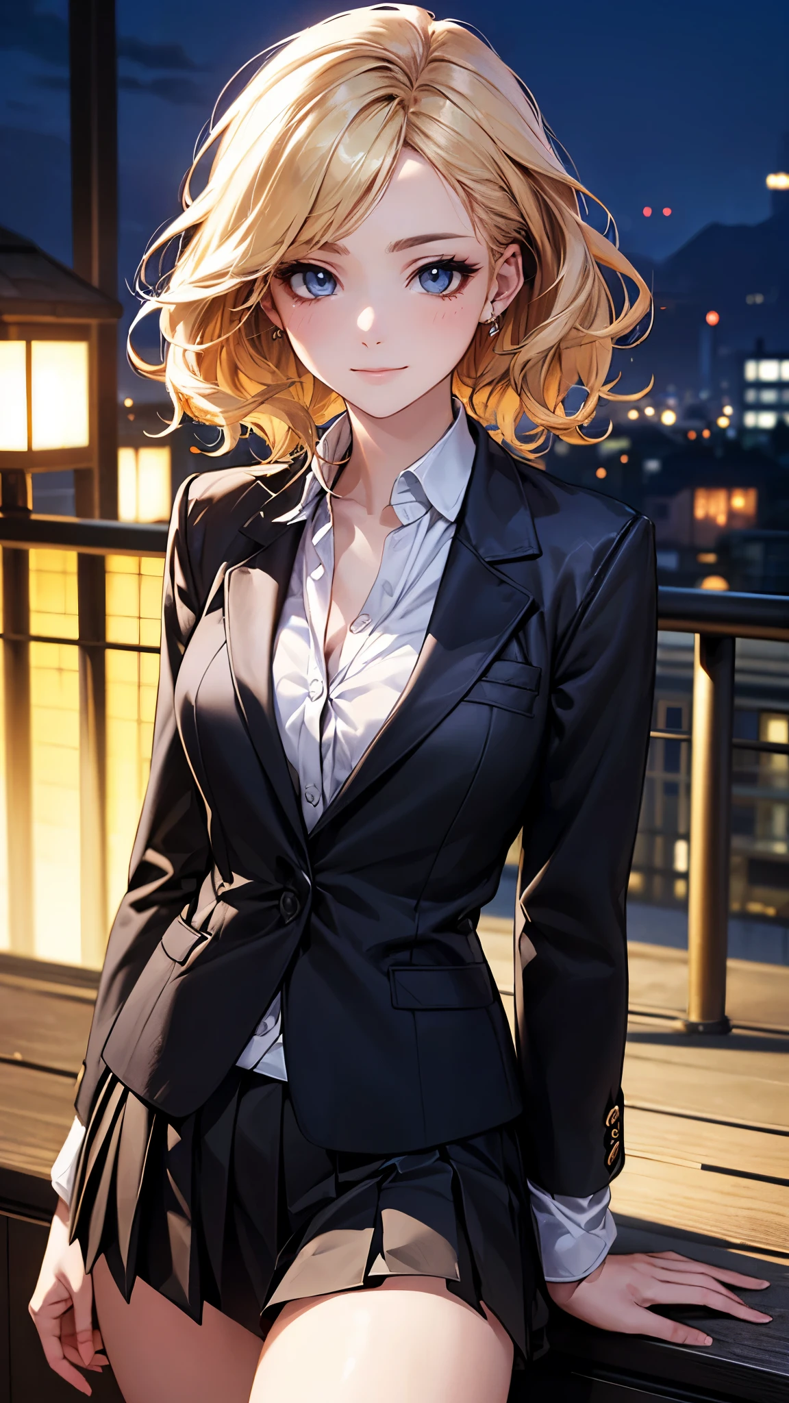 (masterpiece:1.2, top-quality), (realistic, photorealistic:1.4), beautiful illustration, (natural side lighting, movie lighting), 
looking at viewer, 1 girl, japanese, receptionist, 24 years old, perfect face, perfect body, cute and symmetrical face, shiny skin, babyface, 
(short hair:1.5, wavy hair:1.6, long sideburns, blond hair), asymmetrical bangs, blue eyes, slant eyes, (middle breasts, seductive thighs), , 
beautiful hair, beautiful face, beautiful detailed eyes, beautiful clavicle, beautiful body, beautiful chest, beautiful thigh, beautiful legs, beautiful fingers, 
(((black school jacket, closed jacket), white collared shirt, black box pleated skirt) ), 
(beautiful scenery), evening, (on the rooftop, beautiful night view), standing, (lovely smile, upper eyes), 