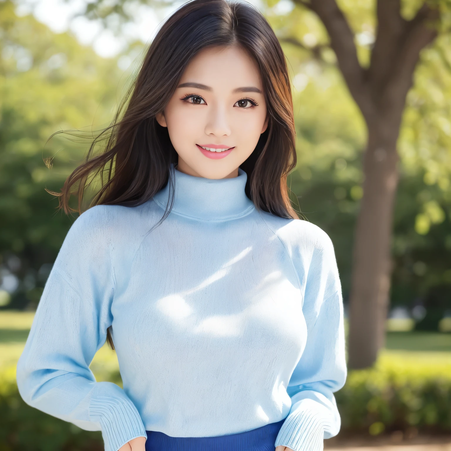 (highest quality、table top、8k、best image quality、Award-winning work)、one beautiful woman、25 years old、(alone:1.1)、perfect beautiful composition、(big and full breasts:1.1)、(Perfectly fitted tight blue knit sweater:1.2)、(Very tight blue knit that fits perfectly:1.2)、(emphasize body line:1.2)、(Perfect blue turtleneck knit sweater:1.2)、(Elegant plaid melton skirt:1.2)、(full body photo:1.1)、look at me and smile、(blurred background:1.1)、(Strongly blurred accurate city park background:1.1)、stand gracefully、droopy eyes、natural makeup、Ultra high definition beauty face、ultra high definition hair、Super high-definition sparkling eyes、(Super high-definition sparkling pure white skin:1.4)、Super high resolution glossy lips、accurate anatomy、(very bright and vivid:1.4)