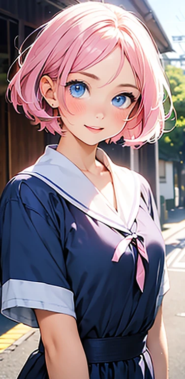 Realistic、1girl、fluorescence　pink hair、blue eyes、(eye focus:1.3,face focus:1.3,upper body:1.5),(gradient eyes:1.3),(blouse)、smiley face,open mouth,(happy:1.3),short hair、cute face,portrait,
