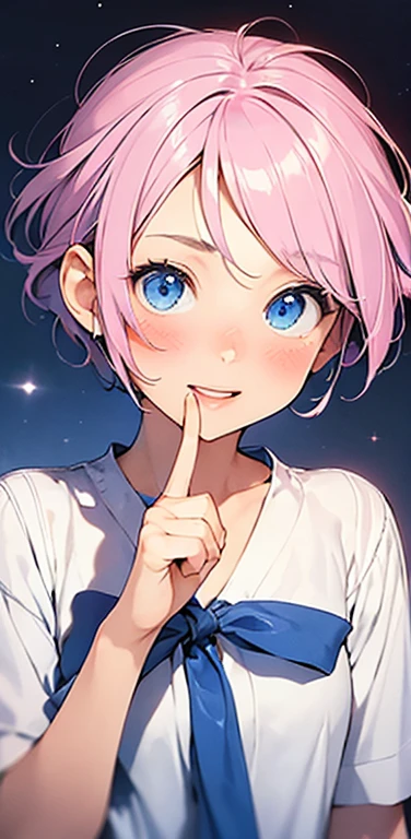 Realistic、1girl、fluorescence　pink hair、blue eyes、(eye focus:1.3,face focus:1.3,upper body:1.5),(gradient eyes:1.3),(blouse)、smiley face,open mouth,(happy:1.3),short hair、cute face,portrait,
