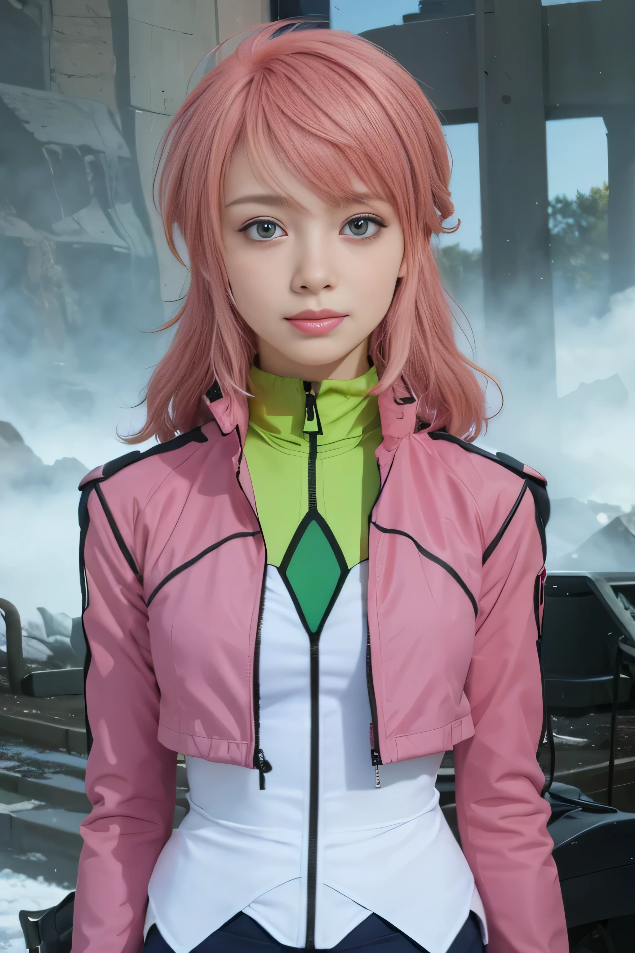 masterpiece, best quality, (realistic,photo-realistic:1.4), (RAW photo:1.2), extremely detailed CG unity 8k wallpaper, delicate and beautiful, amazing,finely detail, official art, absurdres, incredibly absurdres, huge filesize, ultra-detailed,extremely detailed eyes and face,light on face,(little smile),(pink hair:1.4),(medium hair:1.6),(wearing jacket :1.5)green eyes,feldt grace,outdoor,ruins background