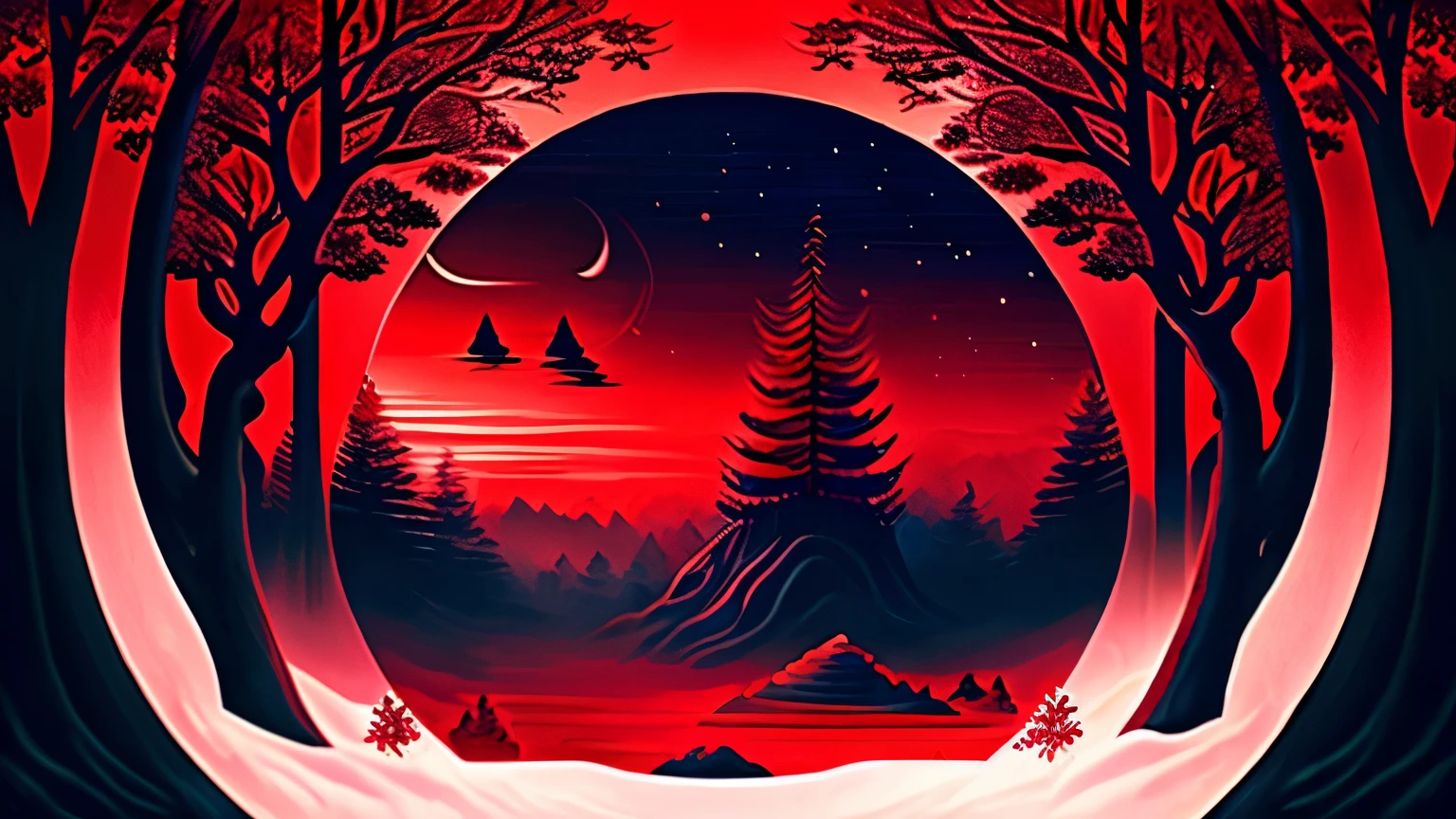 best quality,Magic Forest,Zen style,haunted spirit,Spacious scenery,winter,blood red sky,Yin Yang,have a spirit