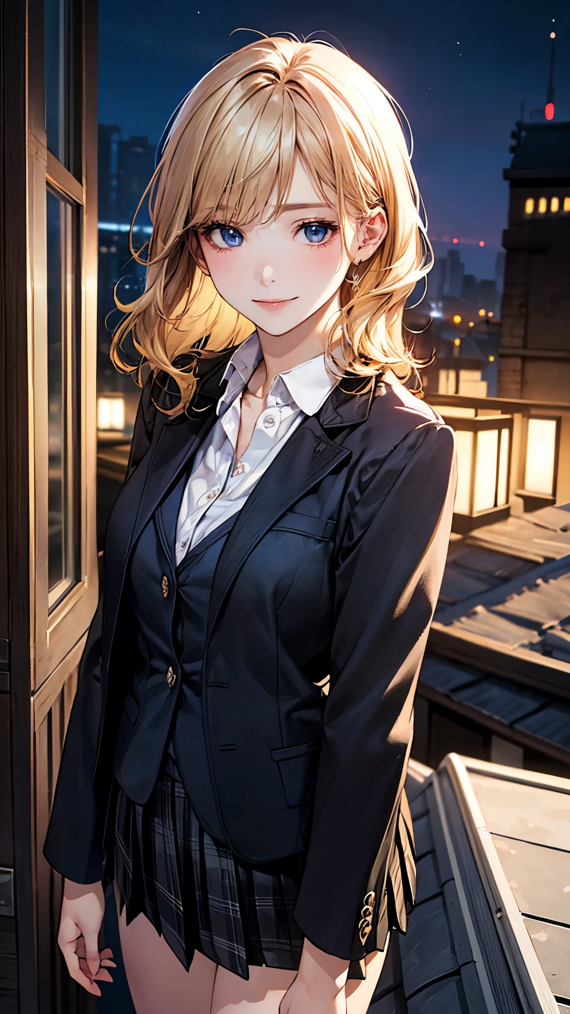 (masterpiece:1.2, top-quality), (realistic, photorealistic:1.4), beautiful illustration, (natural side lighting, movie lighting),
looking at viewer, 1 girl, japanese, receptionist, 24 years old, perfect face, perfect body, cute and symmetrical face, shiny skin, babyface,
(short hair:1.5, wavy hair:1.6, long sideburns, blond hair), asymmetrical bangs, blue eyes, (middle breasts, seductive thighs), ,
beautiful hair, beautiful face, beautiful detailed eyes, beautiful clavicle, beautiful body, beautiful chest, beautiful thigh, beautiful legs, beautiful fingers,
(((black school jacket, closed jacket), white collared shirt, black box pleated skirt) ),
(beautiful scenery), night, (on the rooftop, beautiful night view), standing, (lovely smile, upper eyes),