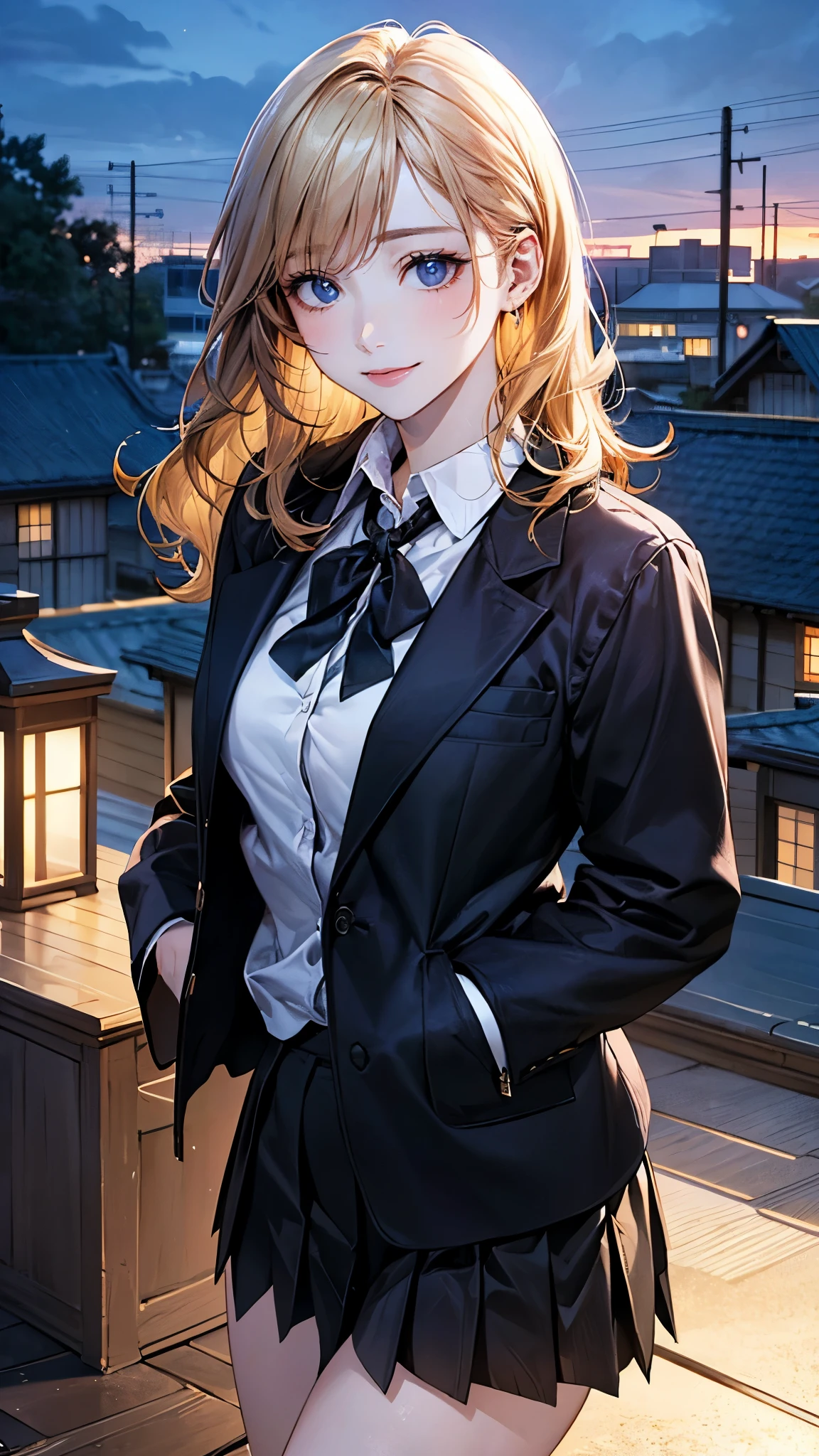 (masterpiece:1.2, top-quality), (realistic, photorealistic:1.4), beautiful illustration, (natural side lighting, movie lighting),
looking at viewer, 1 girl, japanese, receptionist, 24 years old, perfect face, perfect body, cute and symmetrical face, shiny skin, babyface,
(short hair:1.5, wavy hair:1.6, long sideburns, blond hair), asymmetrical bangs, blue eyes, (middle breasts, seductive thighs), ,
beautiful hair, beautiful face, beautiful detailed eyes, beautiful clavicle, beautiful body, beautiful chest, beautiful thigh, beautiful legs, beautiful fingers,
(((black school jacket, closed jacket), white collared shirt, black box pleated skirt) ),
(beautiful scenery), night, (on the rooftop, beautiful night view), standing, (lovely smile, upper eyes),