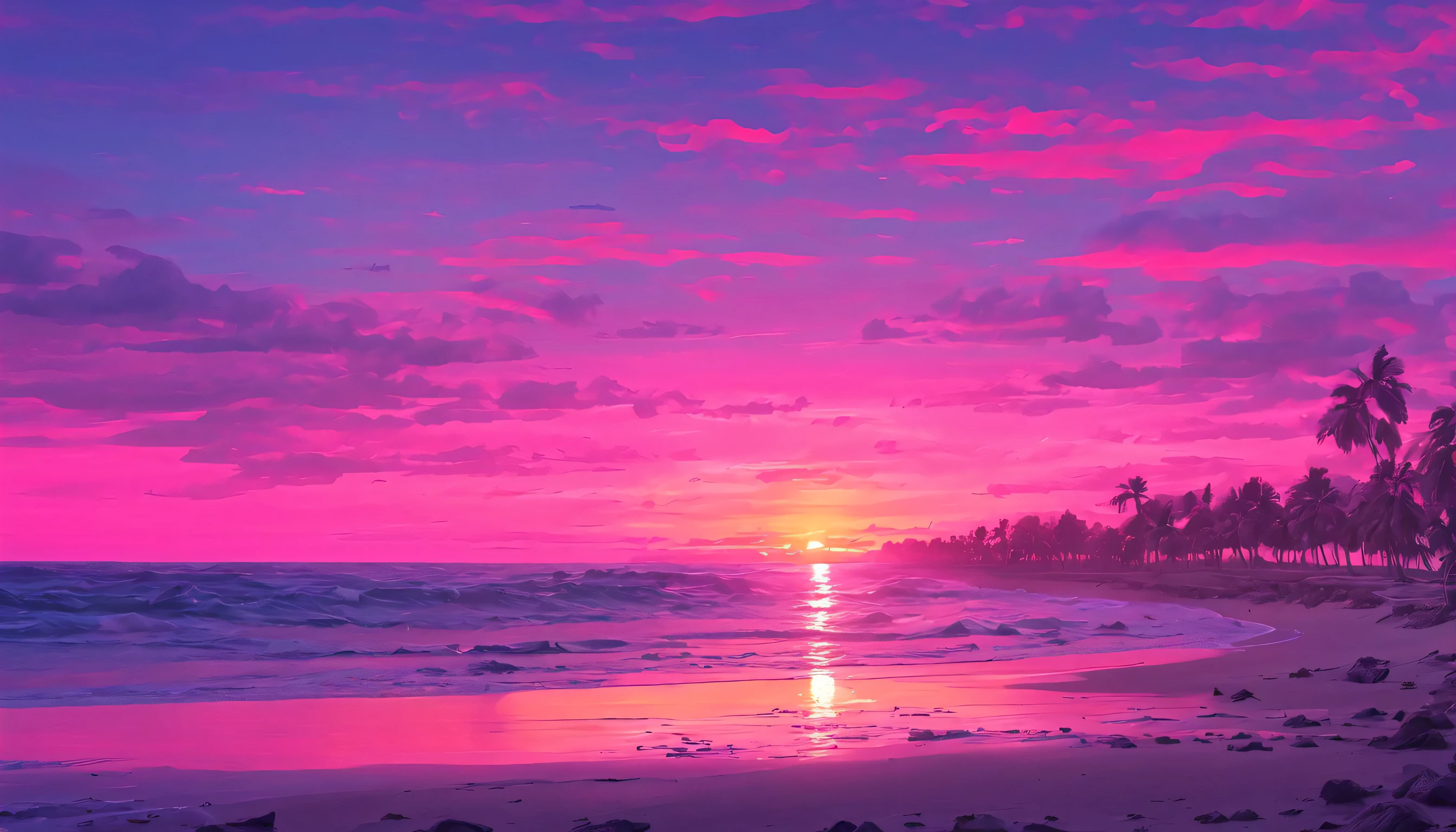 beach, sunset, the sun has almost disappeared below the horizon, pink sky, neon colors, 80'atmosphere, на песке перед beachем стоит машина купе