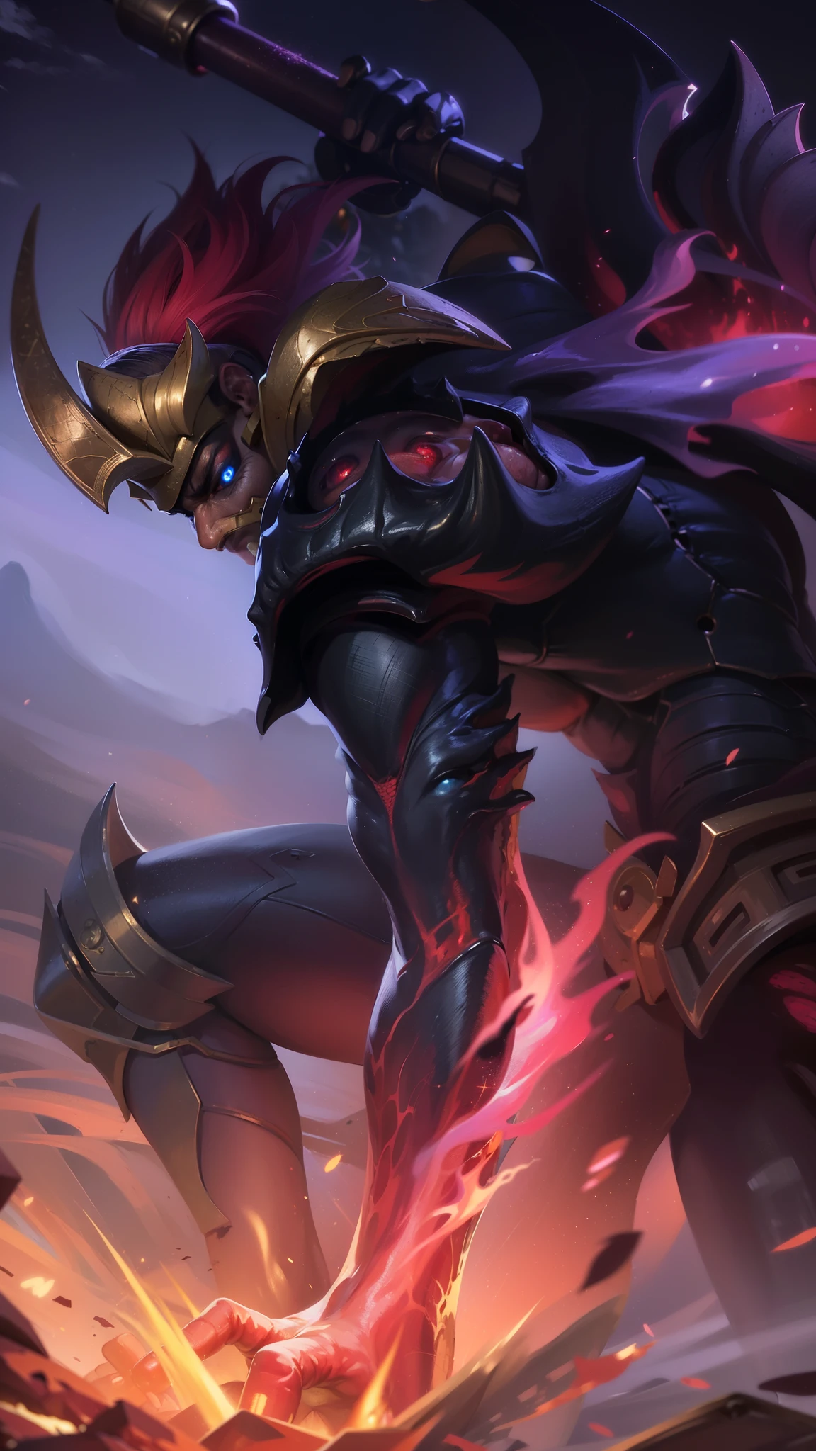 masterpiece, ((perfect eyes)) best quality, (semirealism:1.9), beautiful lighting, (extremely detailed CG unity 4k fhd wallpaper), High Detail, Sharp focus, dramatic outdoors, red short hair, a close up of a person with a sword and a fire, Boy with two big horns, big earrings on ears, red eyes, Thick eyebrows, evil, grinning, red body, red face, Burning skin, yellow diamonds glistening on chest, burning red skin, golden robe behind, big white belt, 8k, realistic, scary, strong red eye glow (red eye:1.2).