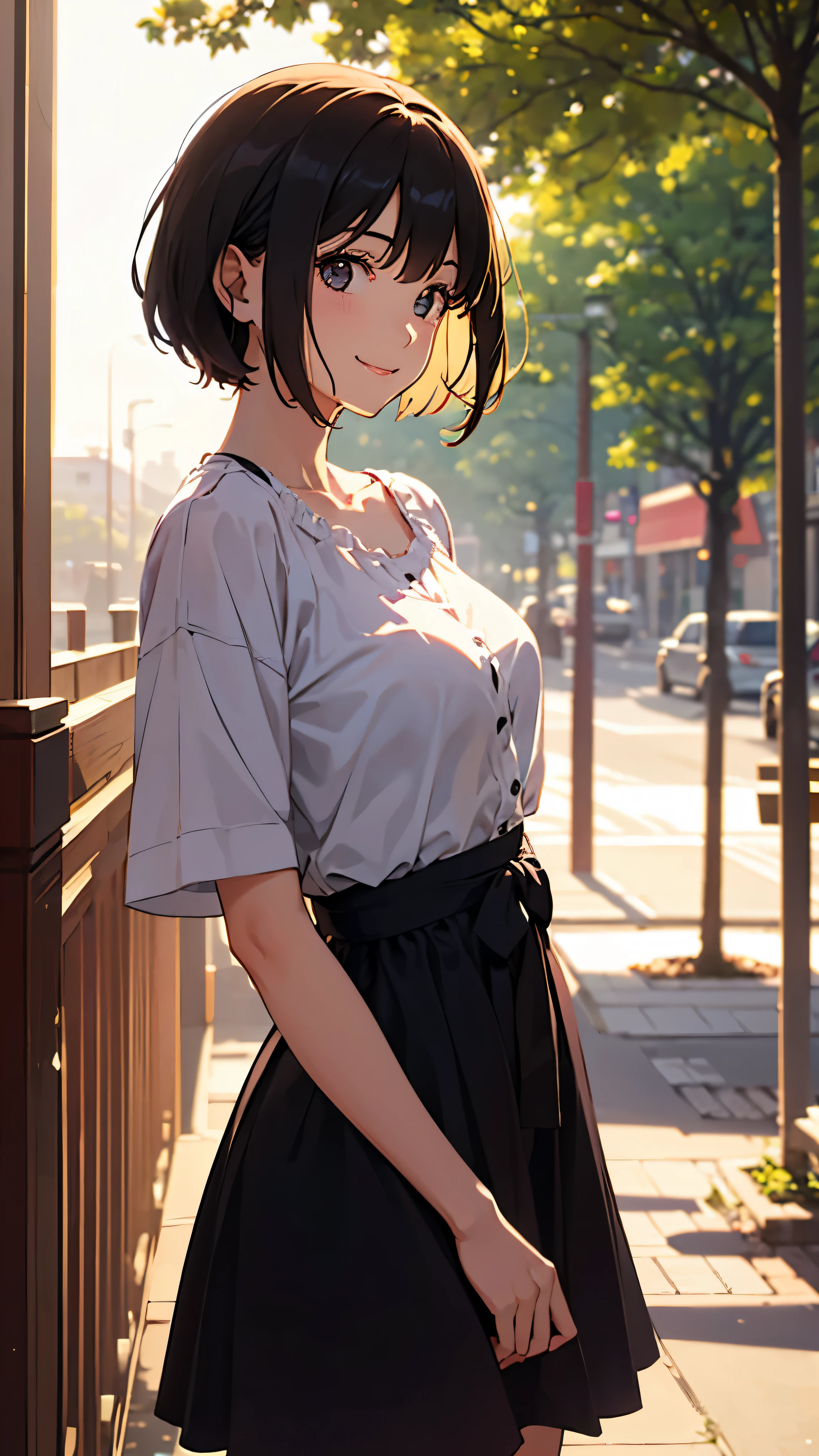 highest quality, detailed face, 1 girl, middle chest, smile, casual dress, (attractive, puffy eyes:1.2), excellent anatomy, looking at the viewer, soft focus, golden hour lighting, Depth of the bounds written, happy expression, short cut hair, outdoors, (profile shot:0.8)
