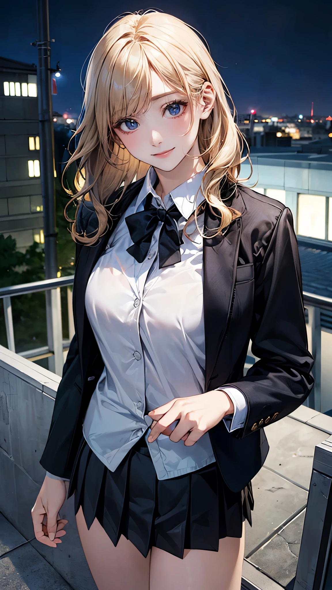 (masterpiece:1.2, top-quality), (realistic, photorealistic:1.4), beautiful illustration, (natural side lighting, movie lighting),
looking at viewer, 1 girl, japanese, receptionist, 24 years old, perfect face, perfect body, cute and symmetrical face, shiny skin, babyface,
(short hair:1.5, wavy hair:1.6, long sideburns, blond hair), asymmetrical bangs, blue eyes, slant eyes, (middle breasts, seductive thighs), ,
beautiful hair, beautiful face, beautiful detailed eyes, beautiful clavicle, beautiful body, beautiful chest, beautiful thigh, beautiful legs, beautiful fingers,
(((black school jacket, closed jacket), white collared shirt, black box pleated skirt) ),
(beautiful scenery), night, (on the rooftop, beautiful night view), standing, (lovely smile, upper eyes),