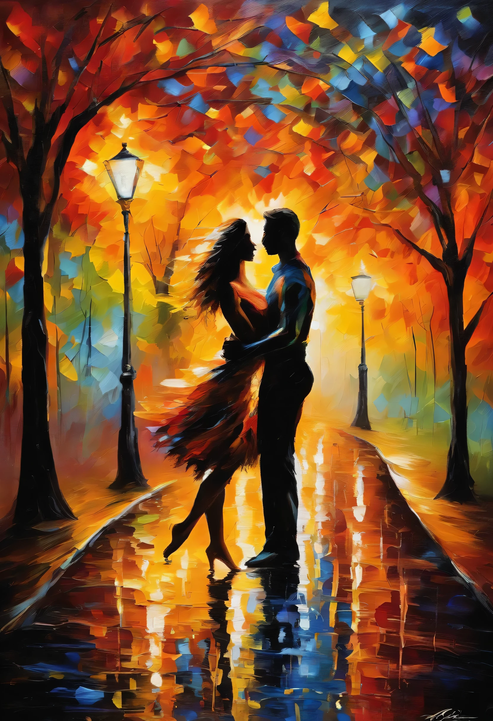 (melhor qualidade, 8K, high resolution, arte: 1.2), Detailed oil painting, just the silhouette of a beautiful naked couple dancing, feliz e sorridente, cena difundida por luzes coloridas, romantic scene, erotic scene, fireworks, explosions of lights , light bulbs on, floresta, Trees, caminho colorido