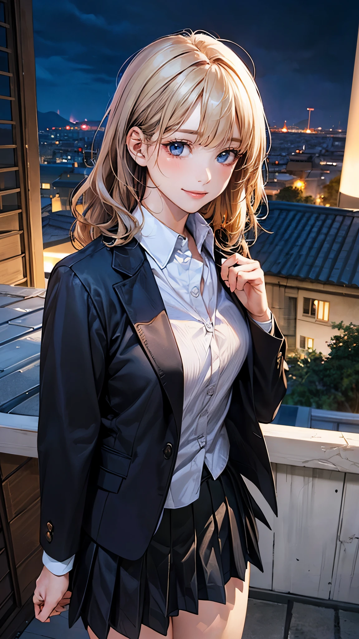 (masterpiece:1.2, top-quality), (realistic, photorealistic:1.4), beautiful illustration, (natural side lighting, movie lighting),
looking at viewer, 1 girl, japanese, receptionist, 24 years old, perfect face, perfect body, cute and symmetrical face, shiny skin, babyface,
(short hair:1.5, wavy hair:1.6, long sideburns, blond hair), asymmetrical bangs, blue eyes, slant eyes, (middle breasts, seductive thighs), ,
beautiful hair, beautiful face, beautiful detailed eyes, beautiful clavicle, beautiful body, beautiful chest, beautiful thigh, beautiful legs, beautiful fingers,
(((black school jacket, closed jacket), white collared shirt, black box pleated skirt) ),
(beautiful scenery), night, (on the rooftop, beautiful night view), standing, (lovely smile, upper eyes),