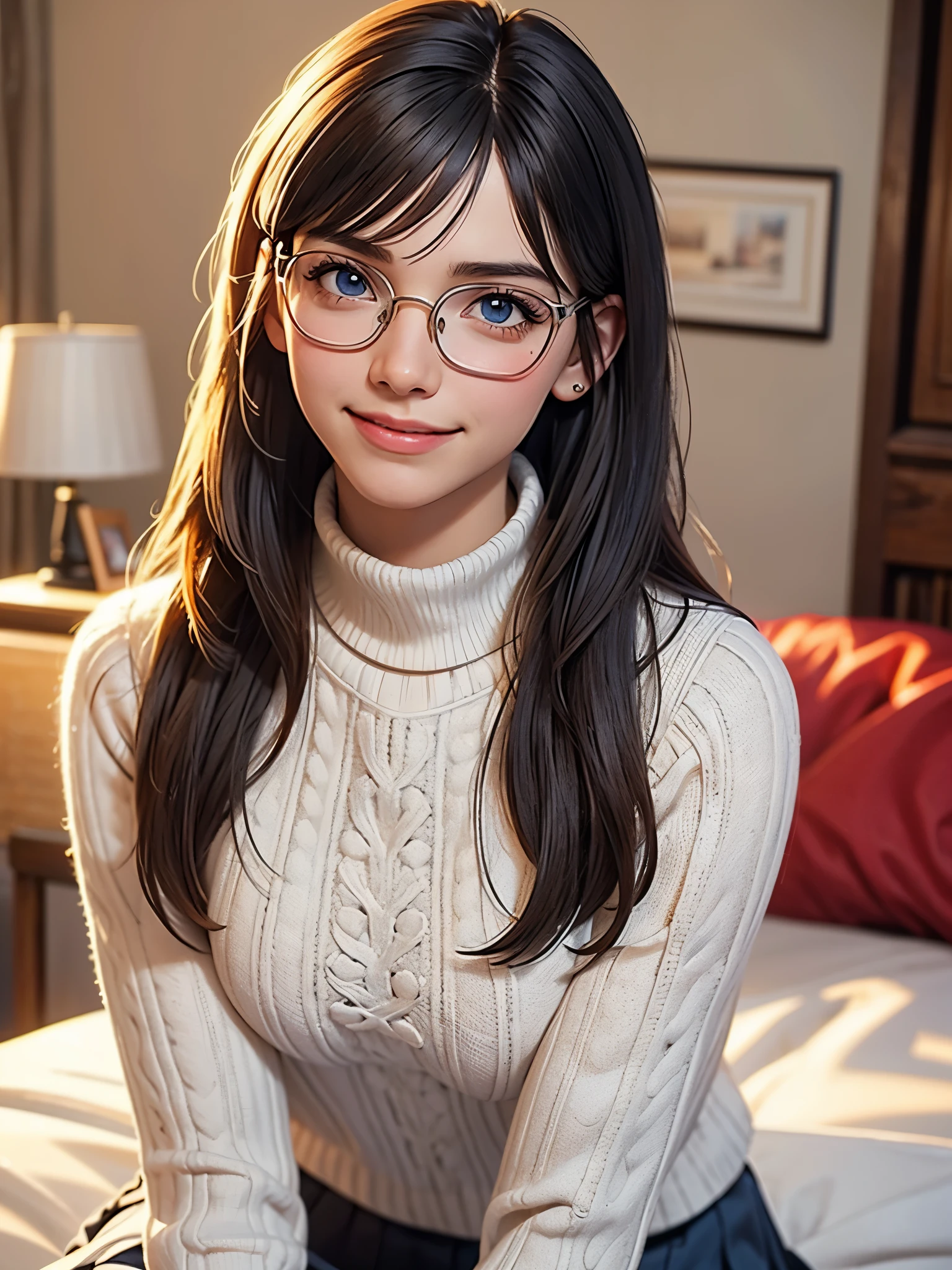 HD, 8k quality, masterpiece, Victoria Justice doing a cosplay of Velma, dream girl huge tits, beautiful face, kissing lips, short bob hairstyle, long bangs, perfect makeup, realistic face, detailed eyes, blue eyes, brunette hair, eyelashes, smile grin, bedroom, sitting on bed, showing cameltoe, eyes at viewer, orange knitted turtle neck sweater, clear lens glasses, red school girl skirt, view from below,