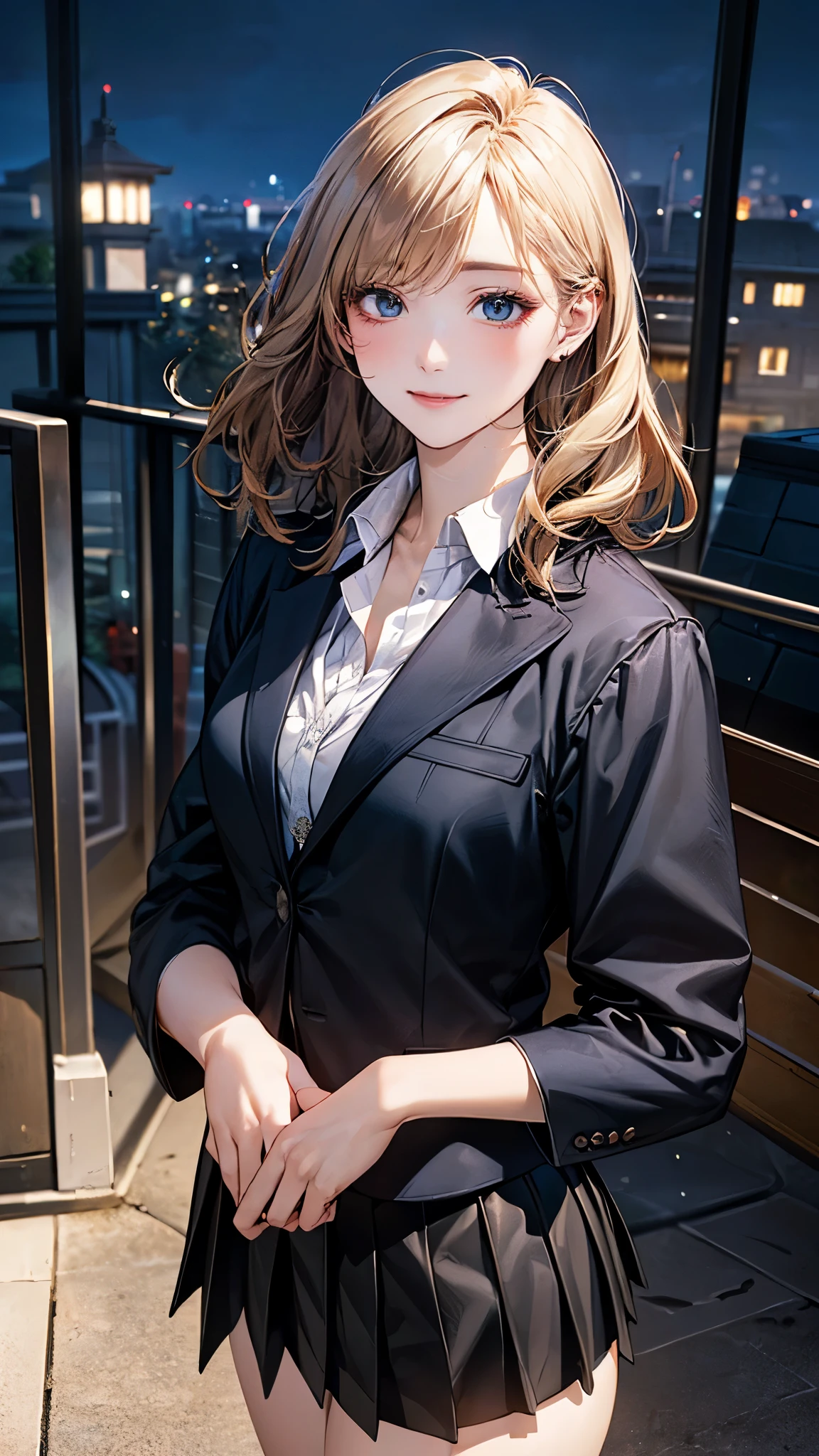 (masterpiece:1.2, top-quality), (realistic, photorealistic:1.4), beautiful illustration, (natural side lighting, movie lighting),
looking at viewer, 1 girl, japanese, receptionist, 24 years old, perfect face, perfect body, cute and symmetrical face, shiny skin, babyface,
(short hair:1.5, wavy hair:1.6, long sideburns, blond hair), asymmetrical bangs, blue eyes, slant eyes, (middle breasts, seductive thighs), ,
beautiful hair, beautiful face, beautiful detailed eyes, beautiful clavicle, beautiful body, beautiful chest, beautiful thigh, beautiful legs, beautiful fingers,
(((black school jacket, closed jacket), white collared shirt, black box pleated skirt) ),
(beautiful scenery), night, (on the rooftop, beautiful night view), standing, (lovely smile, upper eyes),