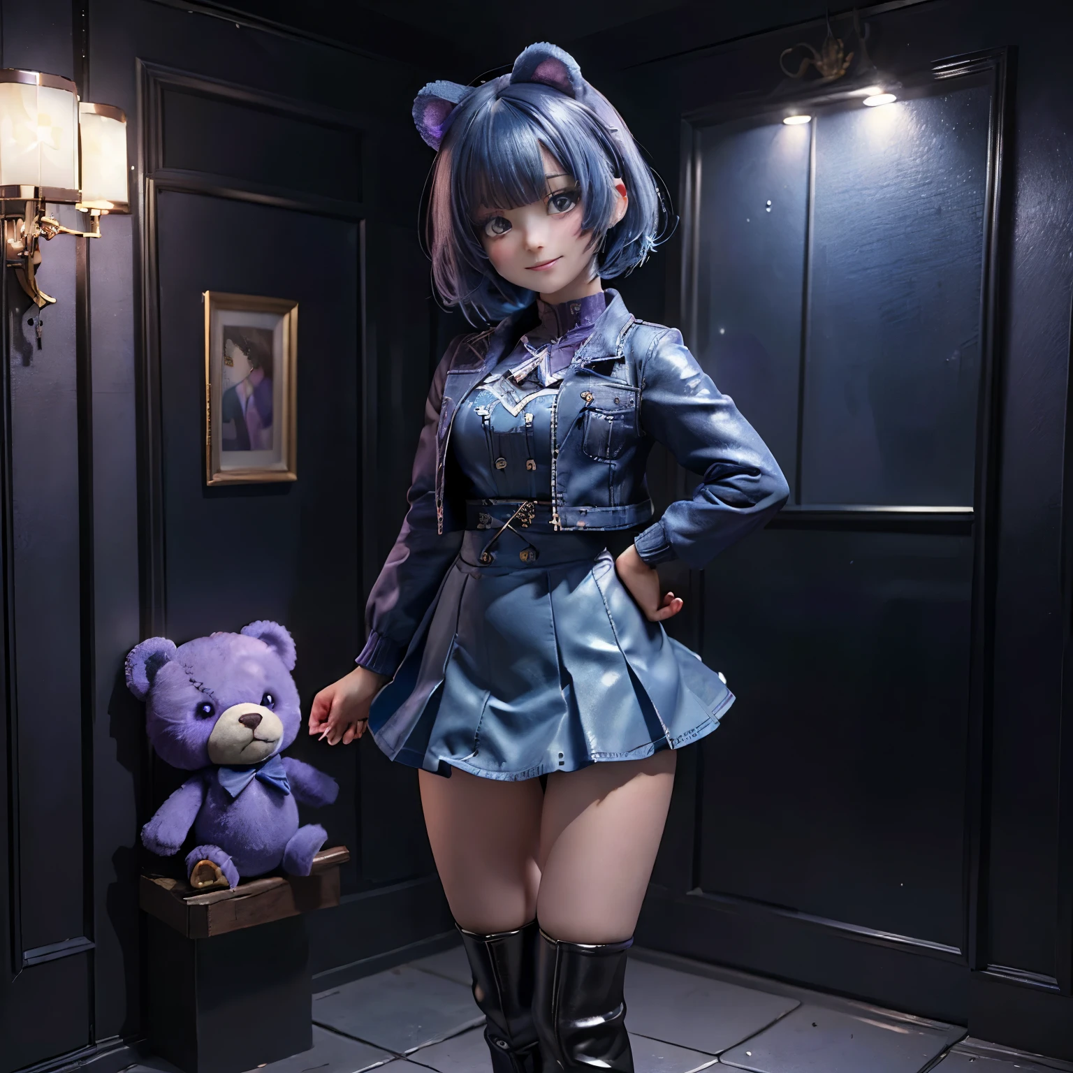 ((masterpiece)), ((highest quality)), ((High resolution)), ((Highly detailed 8k wallpaper)), full body image, 1 girl, Anime girl with blue hair and purple eyes wearing a blue jacket, bob cut, highly detailed characters,shy smile,hug a brown teddy bear,long skirt,A sparkling bright room,wear knee high boots,standing position