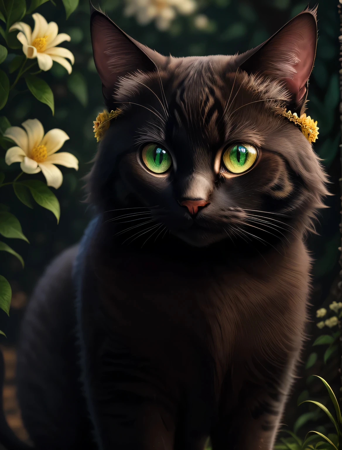 8k, high resolution, best quality, high detail, masterpiece, (母Cat它), (Detailed face), (Detailed hair), soft light, go through , (Cat,黑Cat,绿眼睛的Cat,长毛Cat,Flower sea decoration,forest background,Background decoration green main color,戴着金花头饰的Cat,