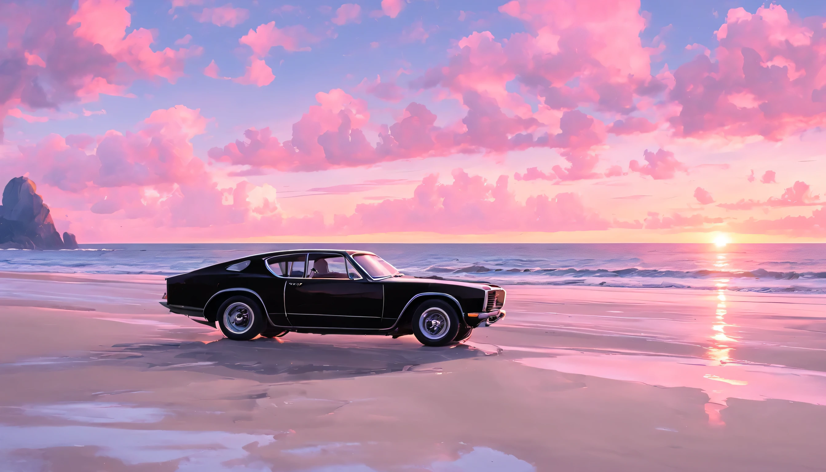 beach, sunset, pink sky, Several clouds in the sky, there is a black car on the sand, soft calm atmosphere