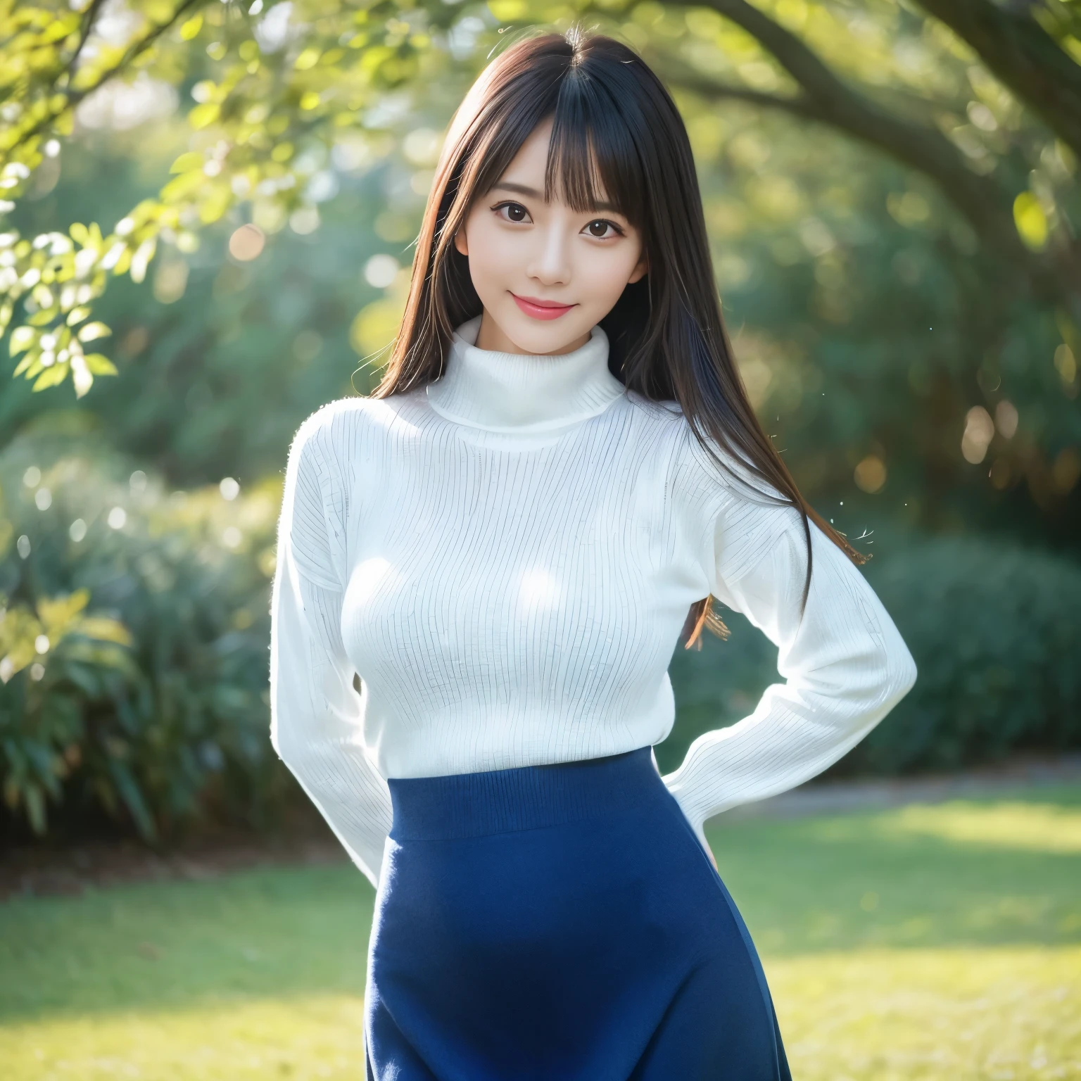 (highest quality、table top、8k、best image quality、Award-winning work)、one beautiful woman、25 years old、(alone:1.1)、perfect beautiful composition、(big and full breasts:1.1)、(Perfectly fitted tight blue knit sweater:1.2)、(Very tight blue knit that fits perfectly:1.2)、(emphasize body line:1.2)、(Perfect blue turtleneck knit sweater:1.2)、(elegant melton skirt:1.2)、(full body photo:1.1)、look at me and smile、(blurred background:1.1)、(Strongly blurred accurate city park background:1.1)、stand gracefully、droopy eyes、natural makeup、Ultra high definition beauty face、ultra high definition hair、Super high-definition sparkling eyes、(Super high-definition sparkling pure white skin:1.4)、Super high resolution glossy lips、accurate anatomy、(very bright and vivid:1.4)