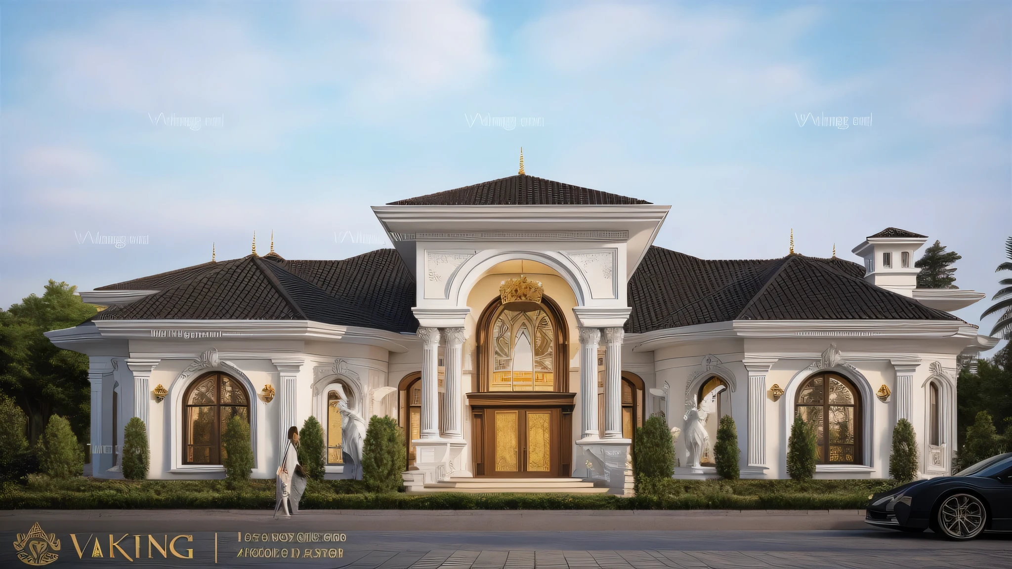 arafian style house with a large front entrance and a car parked in front, exterior design, architectural visualization, overall architectural design, front view dramatic, stunning grand architecture, neo - classical style, wide angle exterior 2022, front perspective, classicism artstyle, luxury architecture, exquisite architecture, architectural rendering, high quality architectural art, inter dimensional villa