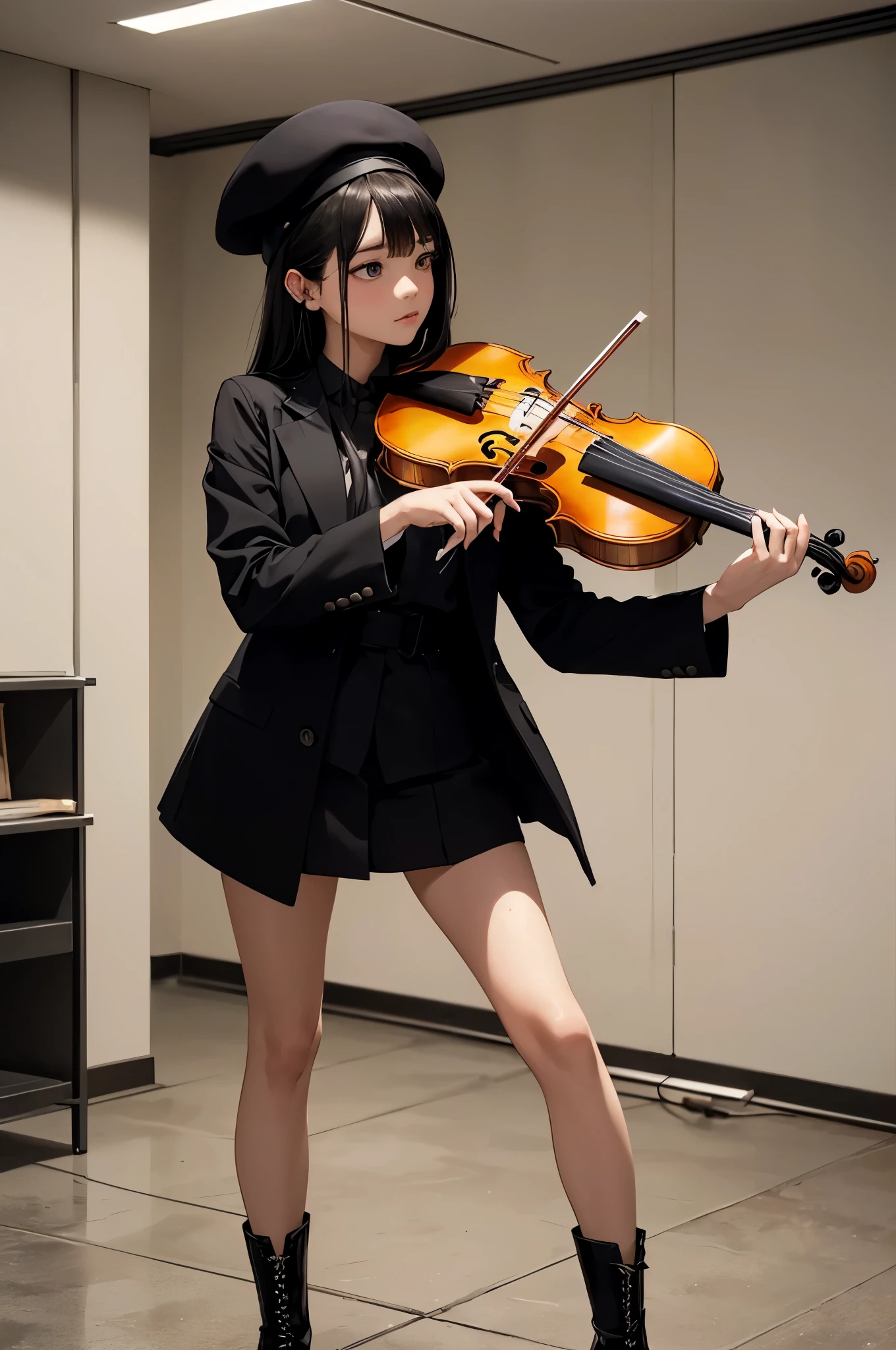 ((top-quality))、((masterpiece))、 (((独奏)))、(Very normal body)、1 female violinist、(Super beautiful)、(ultra beautiful faces)、(A detailed face:1.1)、(brown haired)、playing violin、(Gothic costume)、(open-chested jacket and miniskirt)、(Small white panties are visible from under the skirt)、(Cameltoe)、Enamel High Heels、red-lips、garterbelts、(Concert stage)、At SFW