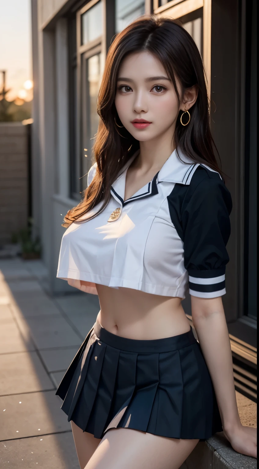 (highest quality:1.4), (hyper quality), (Super detailedな), 1 beautiful girl, Super cute, wonderful face and eyes, (Short-sleeved school uniform made of thin white fabric, black pleated mini skirt:1.5), (Beautiful and incredibly big breasts:1.2), (The shape of the nipple protrusions through the uniform:1.3), (uniform is not exposed:1.2), (The material of the uniform is so thin that the shape of her chest is clearly visible.:1.2), (underboob:1.3), (slender body:1.1), (thin legs), (thin waist), real skin texture, crystal clear very white skin, (bangs), vertical earrings, bright and shiny lips, beautiful goddess advent, beautiful background, golden ratio, conceptual art, Super detailed, Accurate, advanced details, outdoors, sexy art, surrounded by a beautiful sunset, bright light, Super delicate illustration details, Highly detailed CG integrated 8k wallpaper, RAW photo, professional photos, cinematic lighting, Depth of the bounds written, No bra, (The nipple protrusions push up the uniform), cropped tops, High heels on bare feet