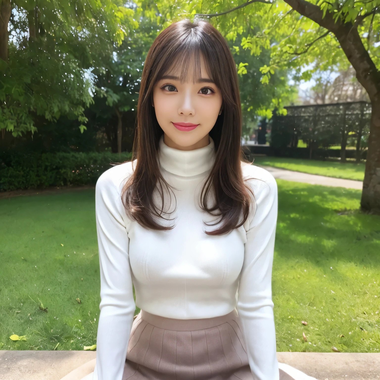 (highest quality、table top、8k、best image quality、Award-winning work)、one beautiful woman、25 years old、(alone:1.1)、perfect beautiful composition、(big and full breasts:1.1)、(Perfectly fitted tight bright knit sweater:1.2)、(Very tight bright knit that fits perfectly:1.2)、(emphasize body line:1.2)、(Perfect bright turtleneck knit sweater:1.2)、(elegant melton skirt:1.2)、(full body photo:1.1)、look at me and smile、(blurred background:1.1)、(Strongly blurred accurate city park background:1.1)、stand gracefully、droopy eyes、natural makeup、Ultra high definition beauty face、ultra high definition hair、Super high-definition sparkling eyes、(Super high-definition sparkling pure white skin:1.4)、Super high resolution glossy lips、accurate anatomy、(very bright and vivid:1.4)