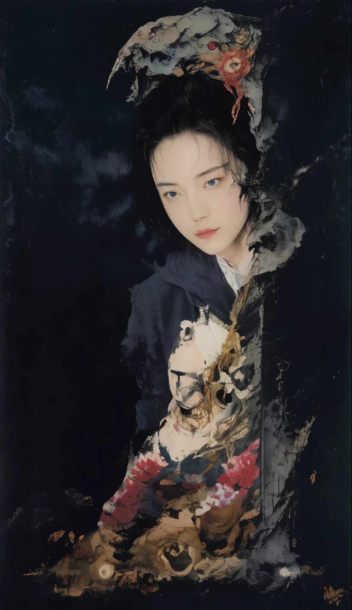 best quality,masterpiece,Ultra-high resolution,1 male,looking at the audience,one,Yamamoto Takashi style,
Flower background,Abstract color patches,Good face,Handsome, Shirtless, t wears samurai armor, gloomy smile, Masculine, muscle, tattoo