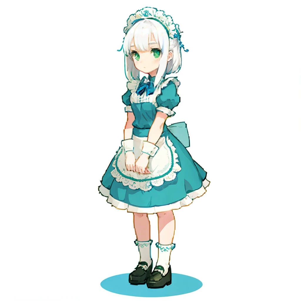 1 girl, whole body, white hair, green eyes, blue maid outfit