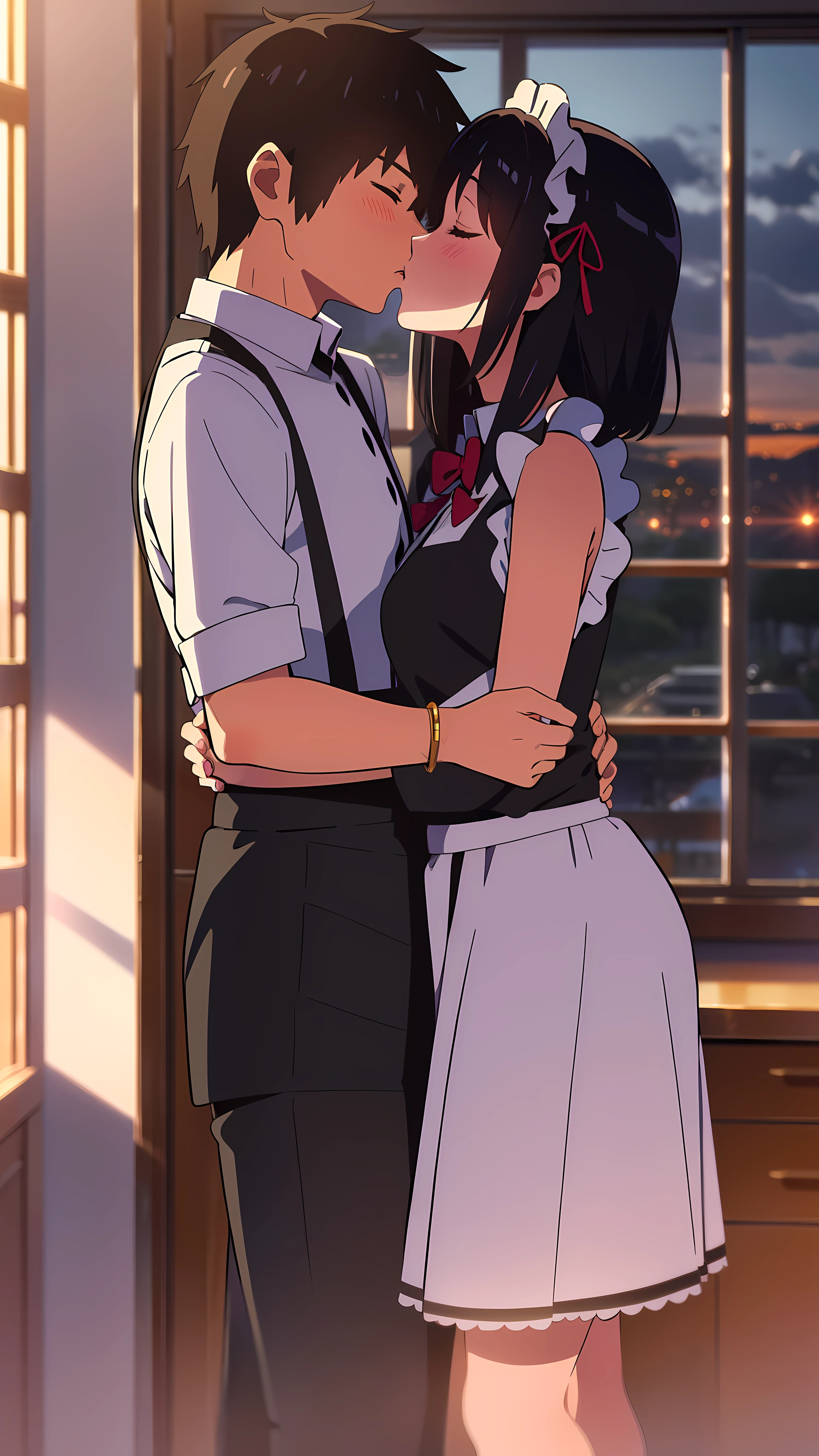 shinkai makoto, kimi no na wa., 1girl, 1boy, bangs, black hair, blush, (boy wear Suspender Clothes), ((girl wear maid dress, short dress), maid, apron, maid headdress), bow, ribbon, short hair, cute, love, couple, adorable, Off-the-shoulders, dating, (((kiss, deep kiss))), closed eyes, bracelet, passionate hug, evening, sunset, cloudy, lake, scenery, dynamic lights