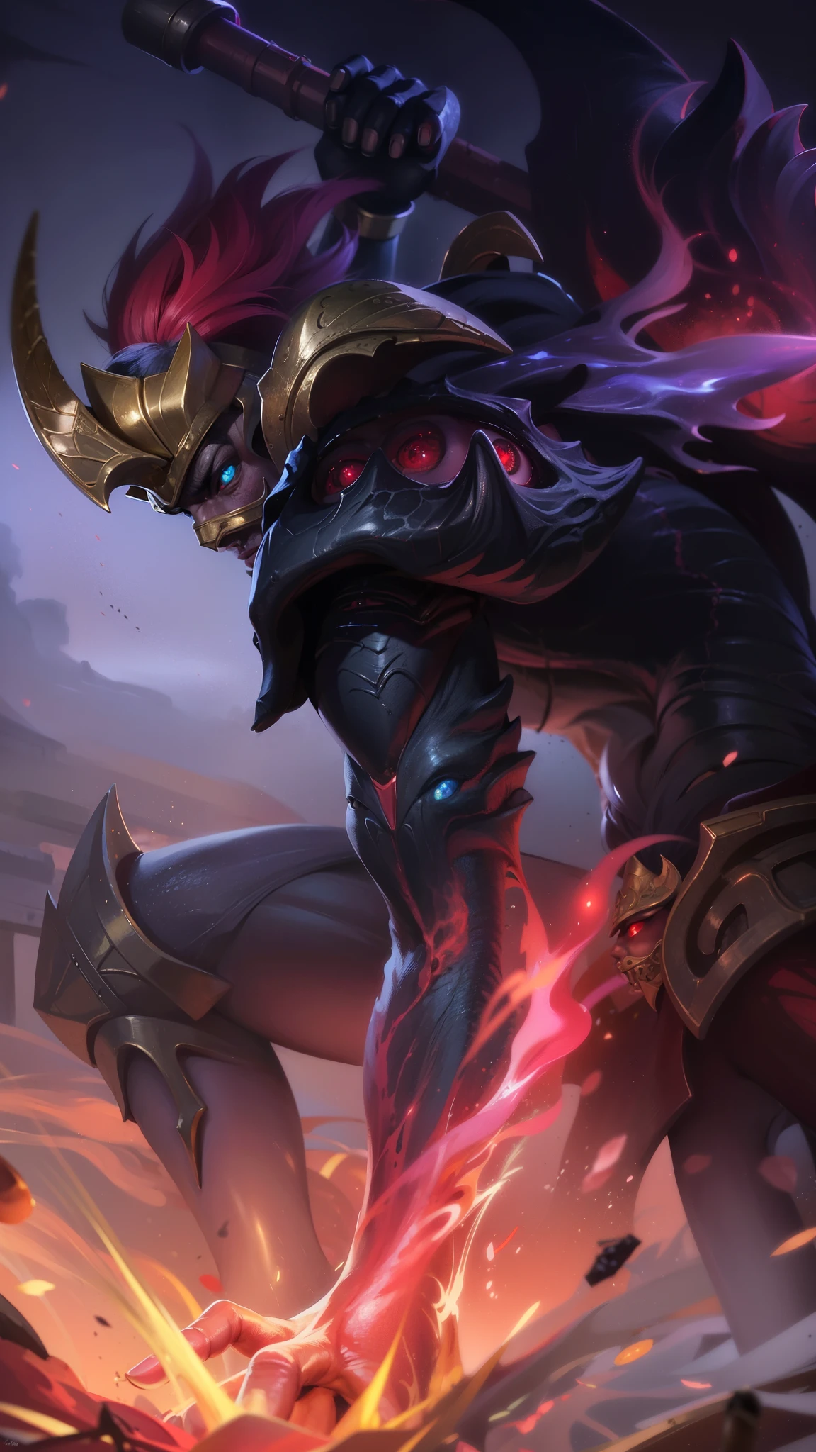 masterpiece, ((perfect eyes)) best quality, (semirealism:1.9), beautiful lighting, (extremely detailed CG unity 4k fhd wallpaper), High Detail, Sharp focus, dramatic outdoors, red short hair, a close up of a person with a sword and a fire, Boy with two big horns, big earrings on ears, red eyes, Thick eyebrows, evil, grinning, red body, red face, Burning skin, yellow diamonds glistening on chest, burning red skin, golden robe behind, big white belt, 8k, realistic, scary, strong red eye glow (red eye:1.2), mask.