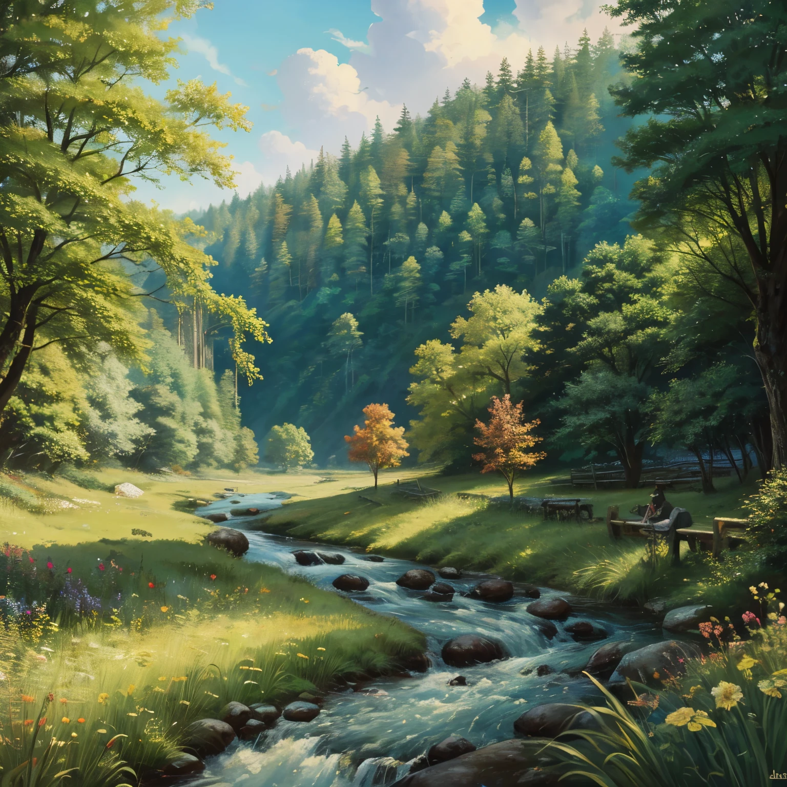 painting of a stream running through a lush green forest filled with trees, detailed painting 4 k, mountains river trees, anime landscape wallpaper, beautiful art uhd 4 k, anime countryside landscape, detailed scenery —width 672, beautiful digital painting, 4k highly detailed digital art, beautiful anime scenery, 8k high quality detailed art, anime nature wallpap, anime nature