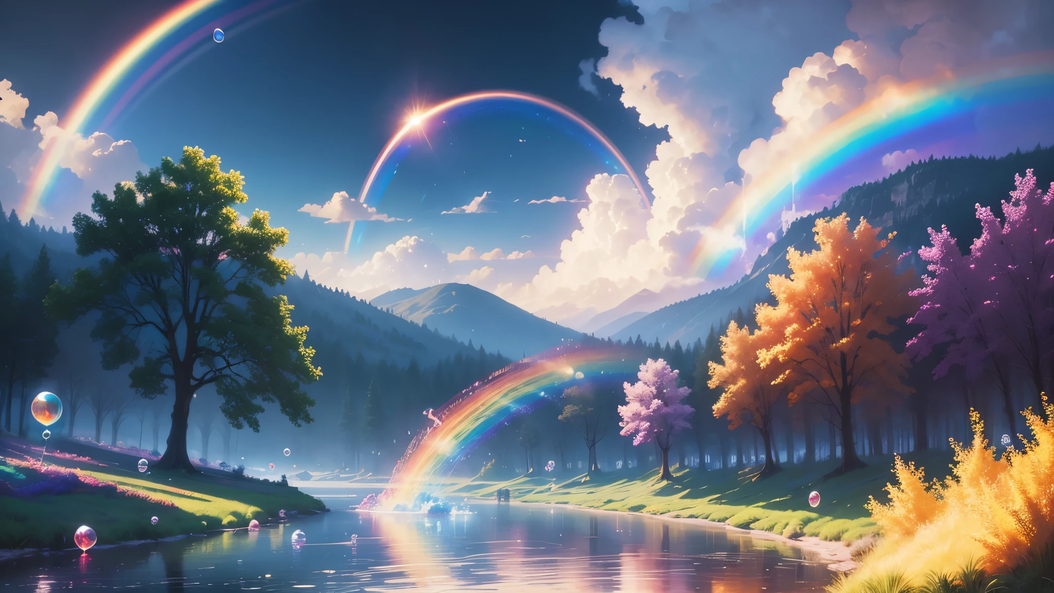 Painting of rainbow and bubbles floating on the river, ethereal rainbow bubbles, rainbow bubbles, Fantasy Naihong, many rainbow bubbles, rainbow reflections, Rainbow BG, Complex rainbow environment, ether bubbles, Rob McNaughton, Rain rainbow, Rainbow on background, quirky fantasy landscape art, rainbow reflection, Fantasy Naihongのニンバス, soft rainbow, ( ( thomas kinkade ) )