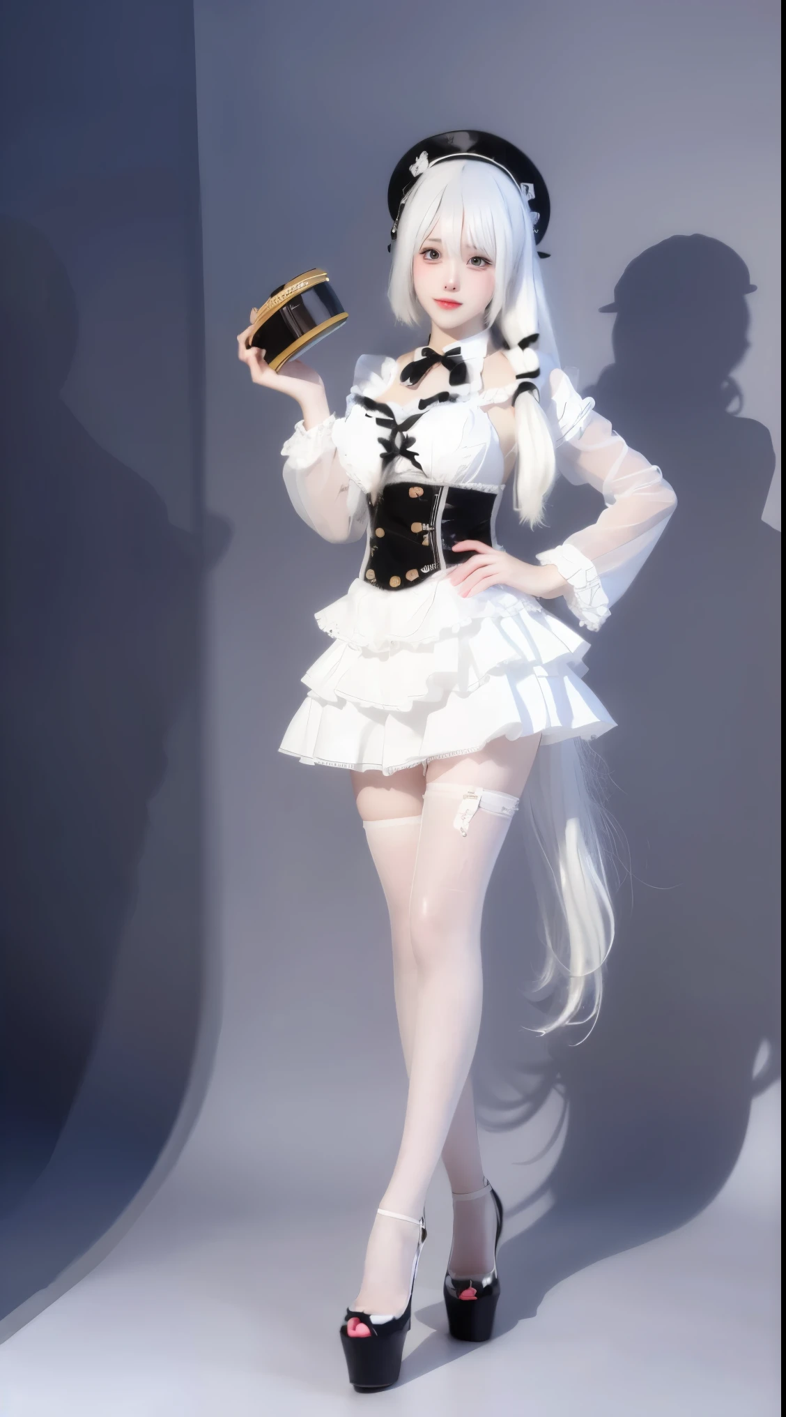 8k, surreal, masterpiece, best quality, super detailed, high resolution, random background, 1 girl, (:1.5), Yao Liu, white ta,white hair,translucent,whole body,High heel,whole body,