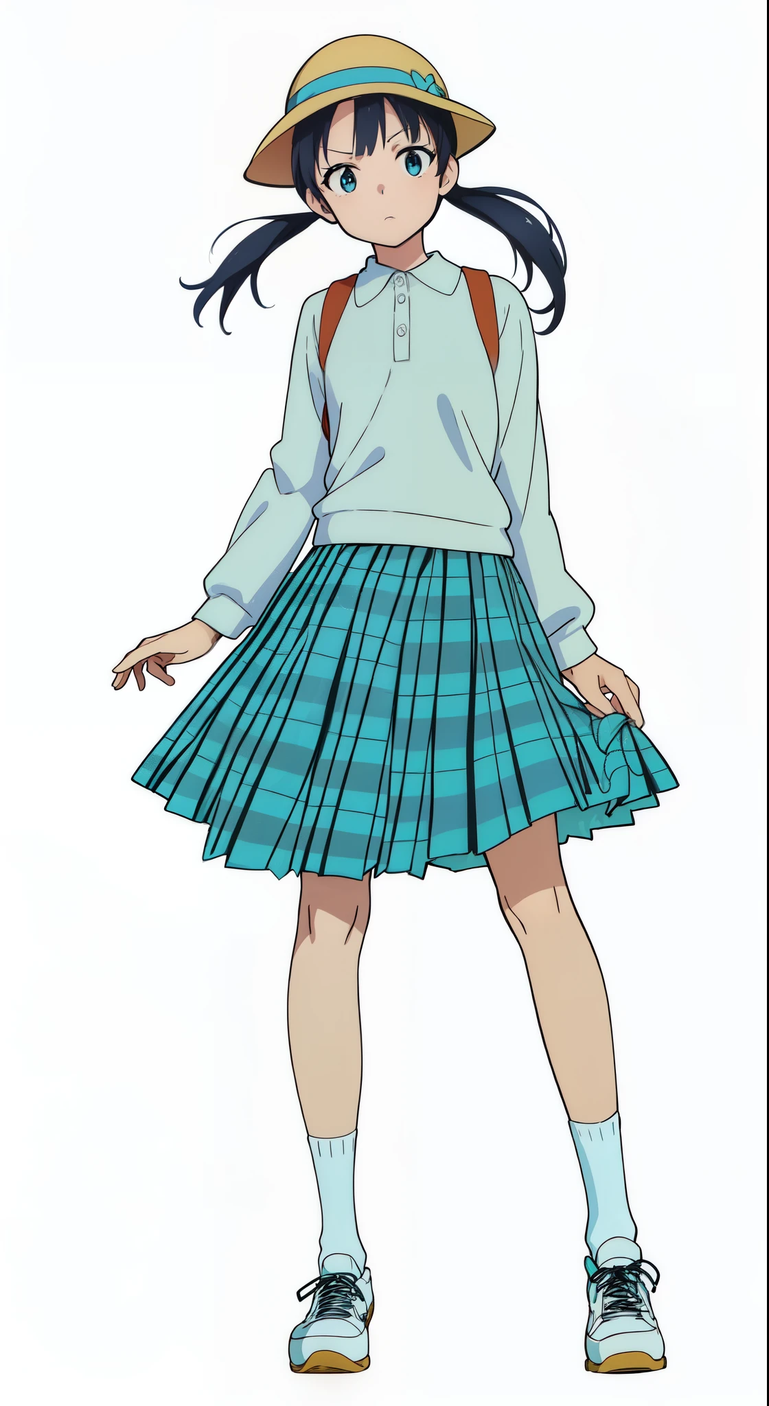 (white background:1.0), (best quality:1.0), (masterpiece:1.0), (super fine illustration:1.0), (beautiful artwork:1.0), (anime screencap:1.0), (official art:1.0), (full body:1.0), (solo:1.0), (ESGA:1.0), (a 12yo cute girl:1.25), (yellow hat:1.25), (red backpack:1.0), (long skirt:1.5), (green tartan skirt:1.0), (pleated skirt:1.0), (aqua blue polo shirt:1.0), (long sleeve polo shirt:1.0), (sneakers:1.0), (white socks:1.25), (ideal ratio body proportions:1.25), (lanky:1.25), (tall:1.25), (slender:1.25), (small breasts:1.25), (smaller face:1.25), (tareme:1.5), (detailed beautiful eyes:1.25), (detailed beautiful face:1.25), (glowing black eyes:1.0), (short hair:1.0), (low twintails:1.25), (black hair:1.0), (looking at viewer:1.25)