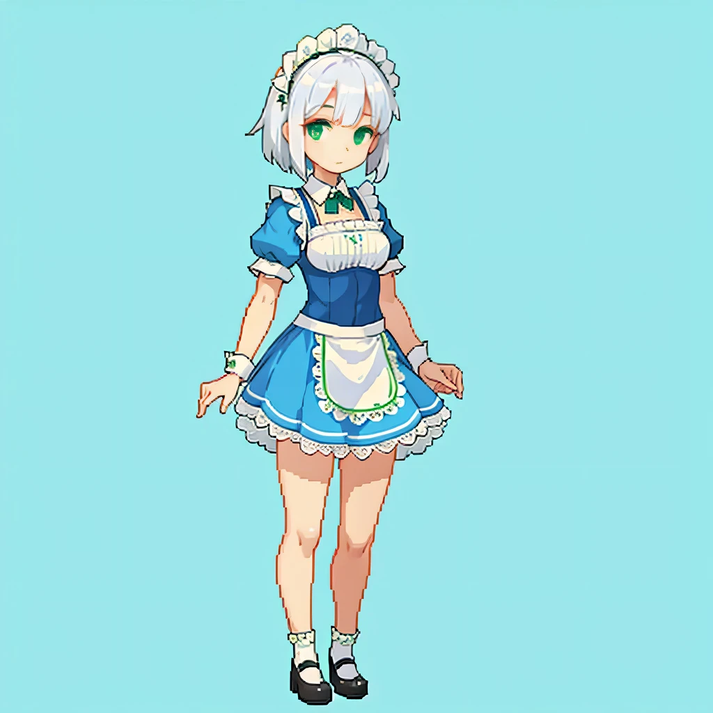 1 girl, whole body, white hair, green eyes, blue maid outfit