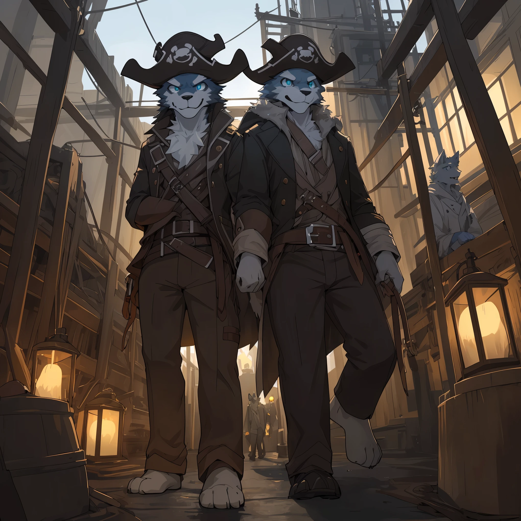 top quality, best quality, High-quality illustrations, masterpiece, super high resolution, detailed background, Hospitals with power outages, Spooky creatures, Pirate Ship, a pirate, 6+boys, 6+girls, absurdres(highly detailed beautiful face and eyes)perfect anatomy, expression, good lighting, cinematic shadow(kemono, furry anthro),