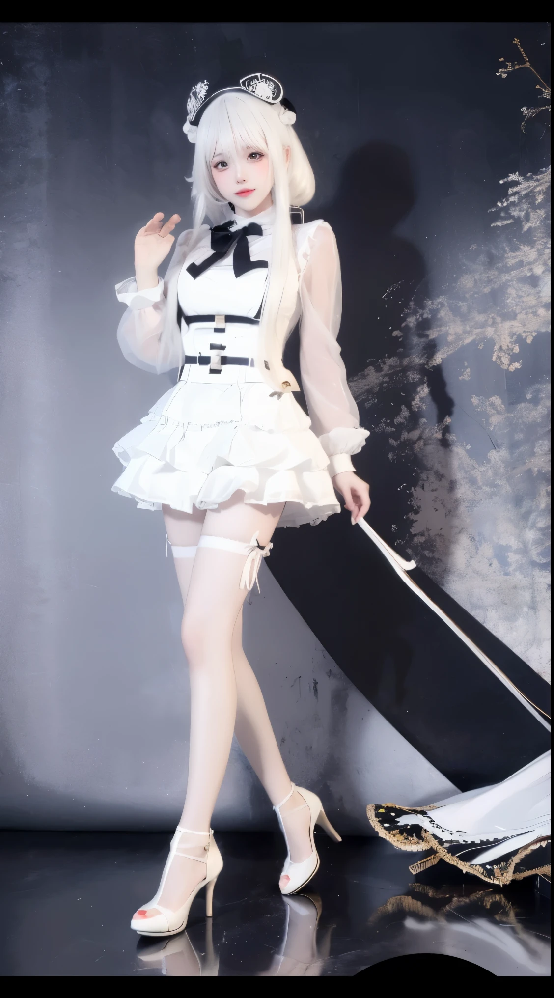 8k, surreal, masterpiece, best quality, super detailed, high resolution, random background, 1 girl, (:1.5), Yao Liu, white ta,white hair,translucent,whole body,High heel,whole body,cute