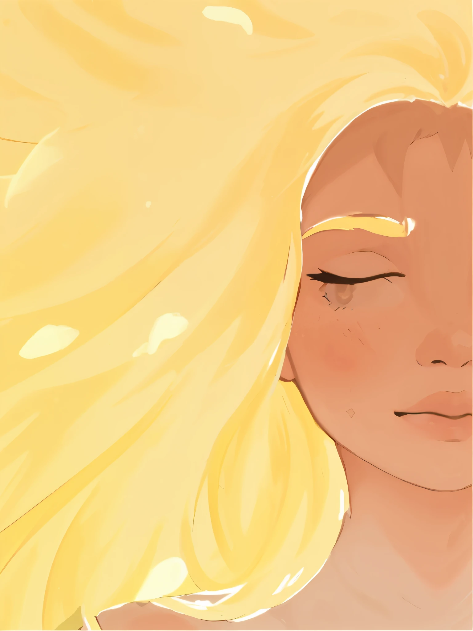 mulher loira com sardas e sardas no rosto, lazy |, amarelado, rosto amarelo brilhante, inspirado em INO, cabelo amarelo, inspirado em Yang J, Phil Noto comic art, pale and glowing skin, light cabelo amarelo, garota loira, Uma garota com cabelo loiro, golden halo behind her head, pele macia e dourada, bright peach face, Phil Noto