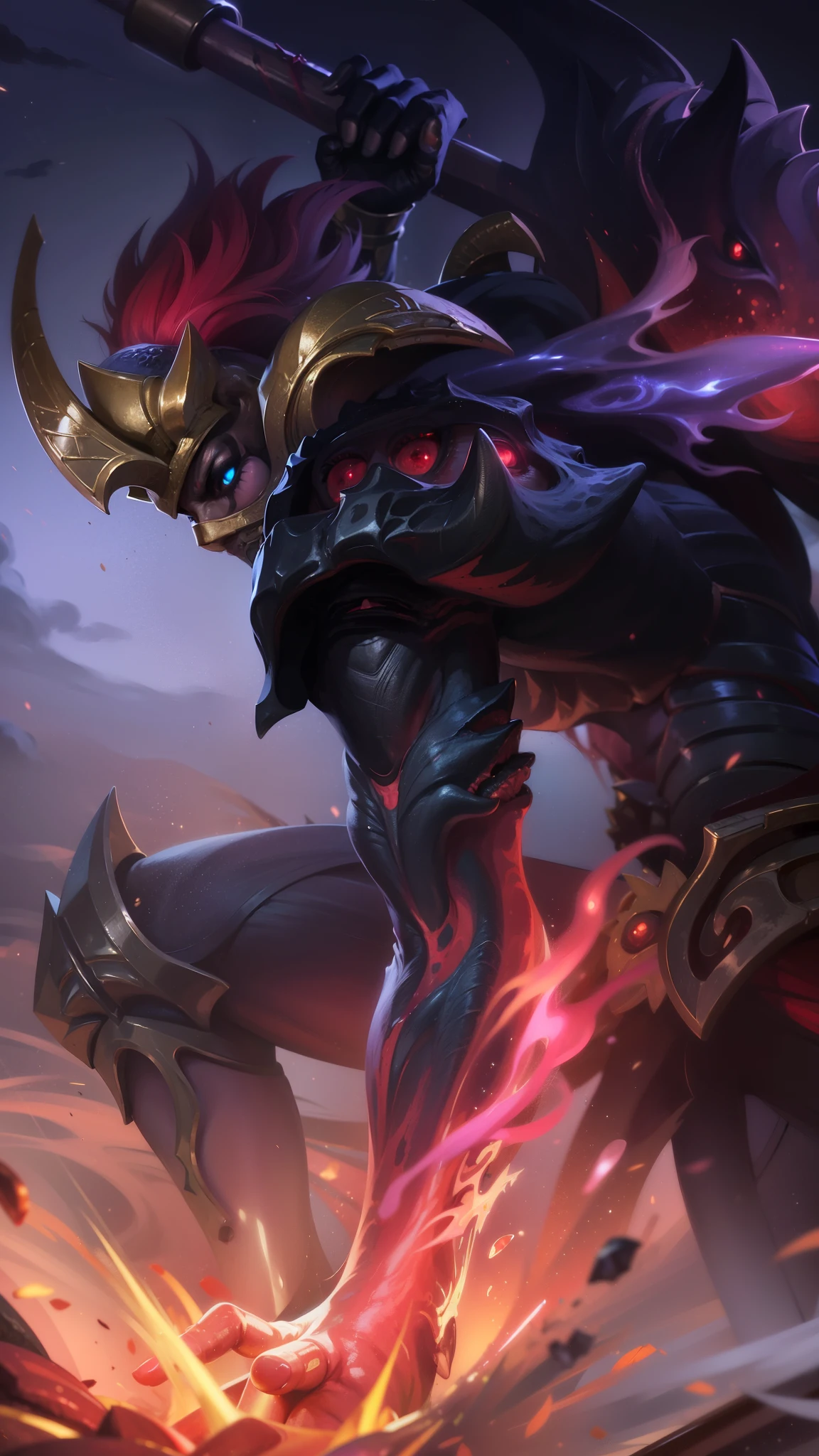 masterpiece, ((perfect eyes)) best quality, (semirealism:1.9), beautiful lighting, (extremely detailed CG unity 4k fhd wallpaper), High Detail, Sharp focus, dramatic outdoors, red short hair, a close up of a person with a sword and a fire, Boy with two big horns, red eyes, Thick eyebrows, evil, grinning, red body, red face, Burning skin, yellow diamonds glistening on chest, burning red skin, golden robe behind, big white belt, 8k, realistic, scary, strong red eye glow (red eye:1.2).