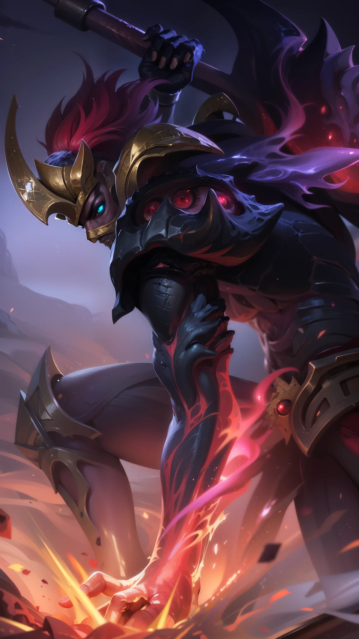 masterpiece, ((perfect eyes)) best quality, (semirealism:1.9), beautiful lighting, (extremely detailed CG unity 4k fhd wallpaper), High Detail, Sharp focus, dramatic outdoors, red short hair, a close up of a person with a sword and a fire, Boy with two big horns, red eyes, Thick eyebrows, evil, grinning, red body, red face, Burning skin, yellow diamonds glistening on chest, burning red skin, golden robe behind, big white belt, 8k, realistic, scary, strong red eye glow (red eye:1.2).