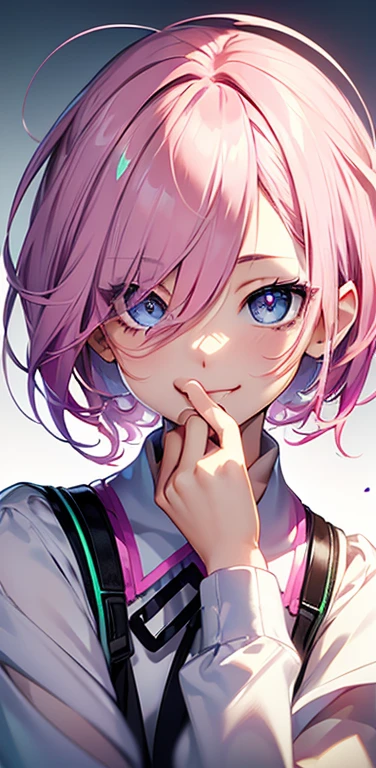 Realistic、1girl、fluorescence pink hair、blue eyes、(eye focus:1.3,face focus:1.3,upper body:1.5),(gradient eyes:1.3),(blouse)、smiley face,laugh with your mouth wide open,(happy:1.3),short hair、cute face,portrait,