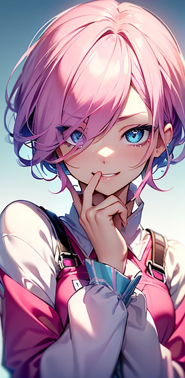 Realistic、1girl、fluorescence pink hair、blue eyes、(eye focus:1.3,face focus:1.3,upper body:1.5),(gradient eyes:1.3),(blouse)、smiley face,laugh with your mouth wide open,(happy:1.3),short hair、cute face,portrait,