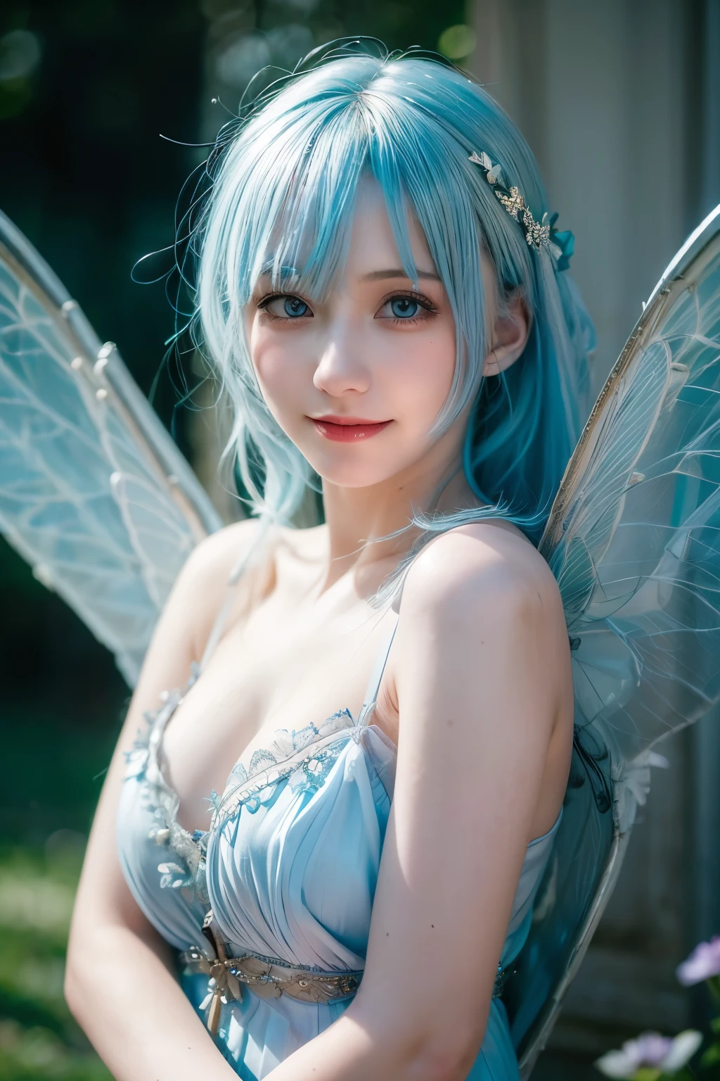 (best quality,masterpiece:1.2,high resolution, (realistic:1.4), RAW photography, 1fairy girl,pale blue dress,pale blue hair, in the light, deep shadows, subtle key, cold lighting,two wings on each side,smile,low exposure,sky,kindness)