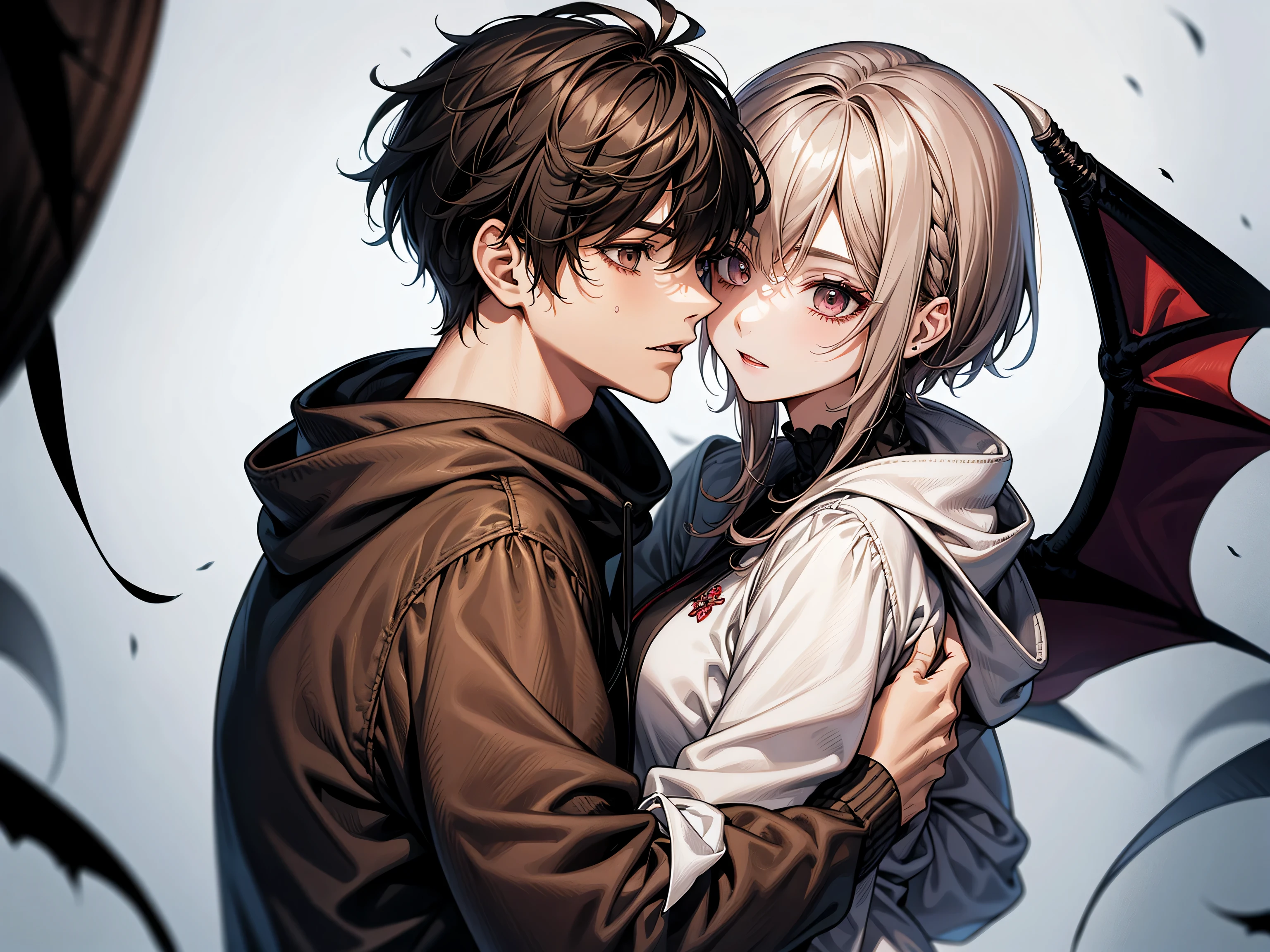 couple, 1 girl、female vampire,female black feathers'Came back,,1 boy,I was bitten on the neck and my hair changed color., short brown hair and gray eyes, , face to face, hoodie,background room