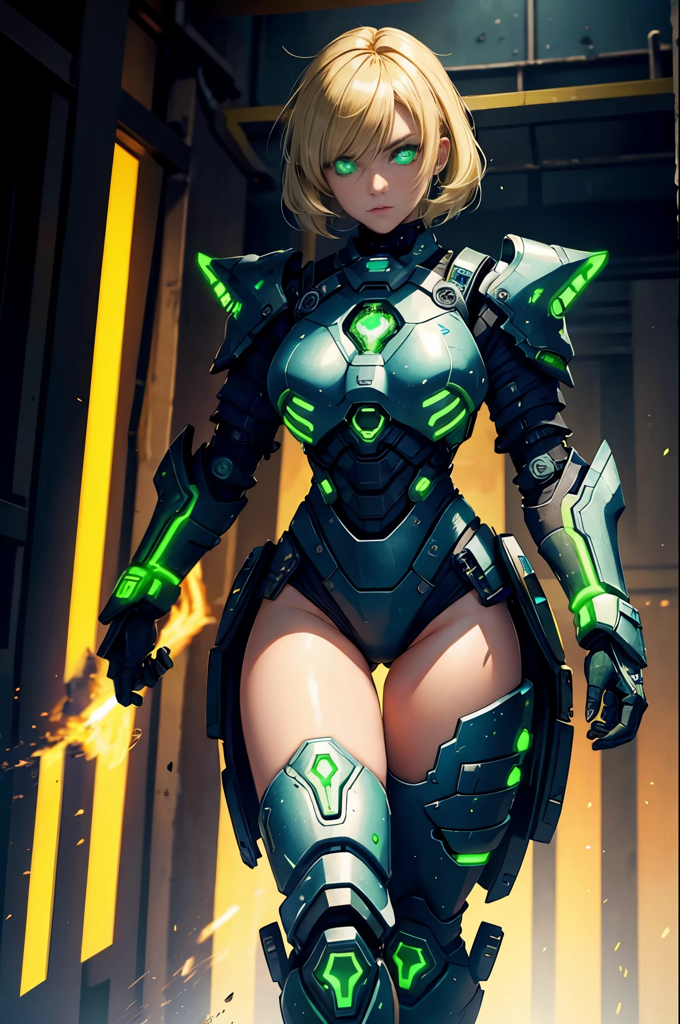 female technomage in power armour, blonde hair, glowing green eyes, blue technorunes, tattoo