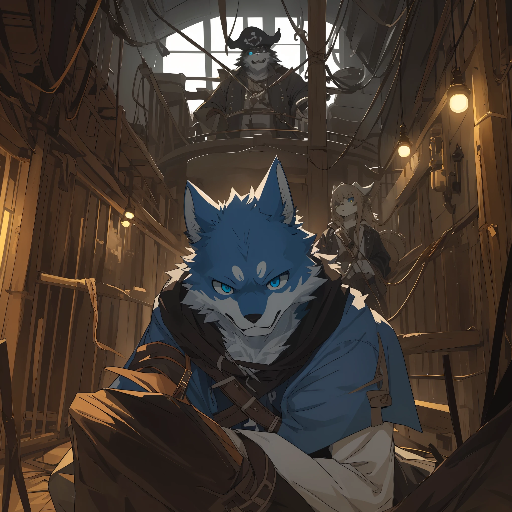 top quality, best quality, High-quality illustrations, masterpiece, super high resolution, detailed background, Hospitals with power outages, Spooky creatures, Pirate Ship, a pirate, 6+boys, 6+girls, absurdres(highly detailed beautiful face and eyes)perfect anatomy, expression, good lighting, cinematic shadow(kemono, furry anthro),