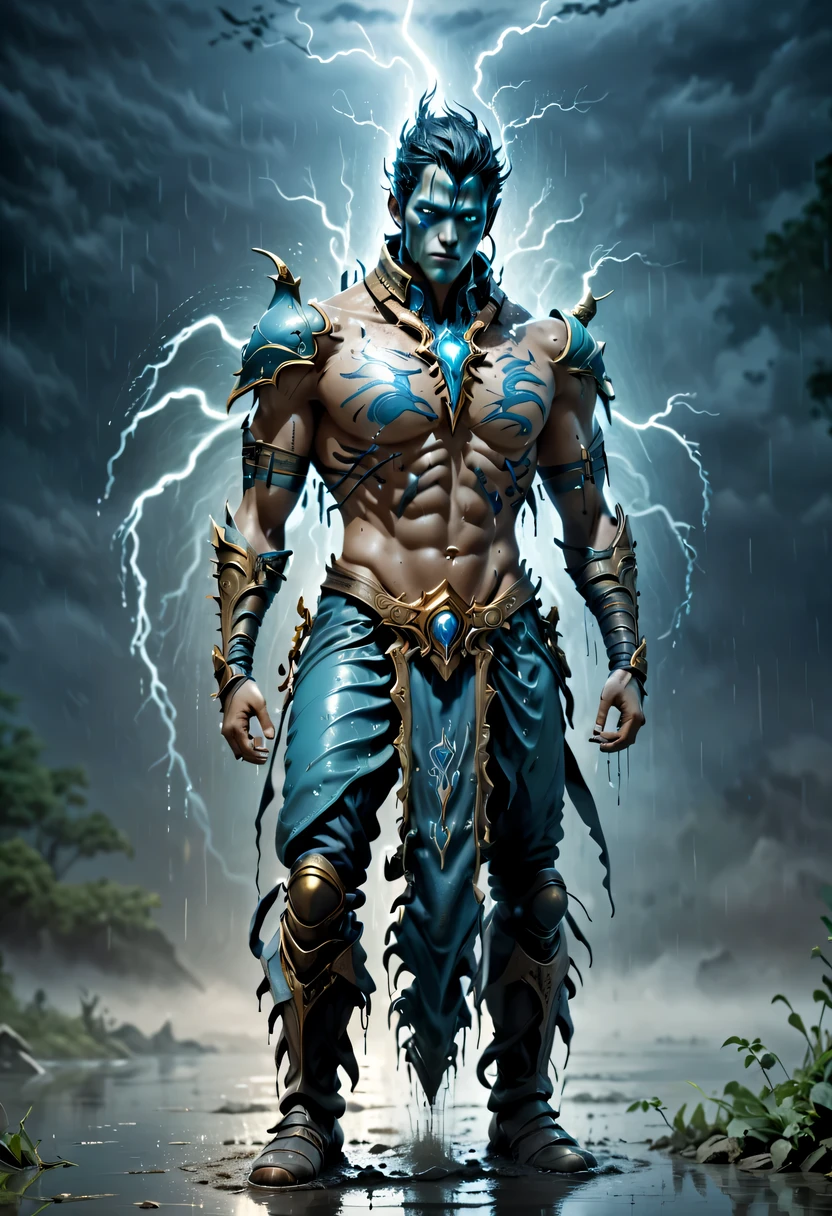 photo actual illustration of raziel holding the soul reaver , Put on a neck brace, (Stand in a puddle:1.4) night , (rain:1.2), (storm:1.3), wet, reflection in water , 史诗般的Light, Light, dark fantasy style , high resolution, (Detailed images:1), Crazy details, soft, (actual:1), full color, (3d:1), (Very detailed:1.2), masterpiece, 8K Ultra HD, the art of mathematics, Popular topics on Artstation