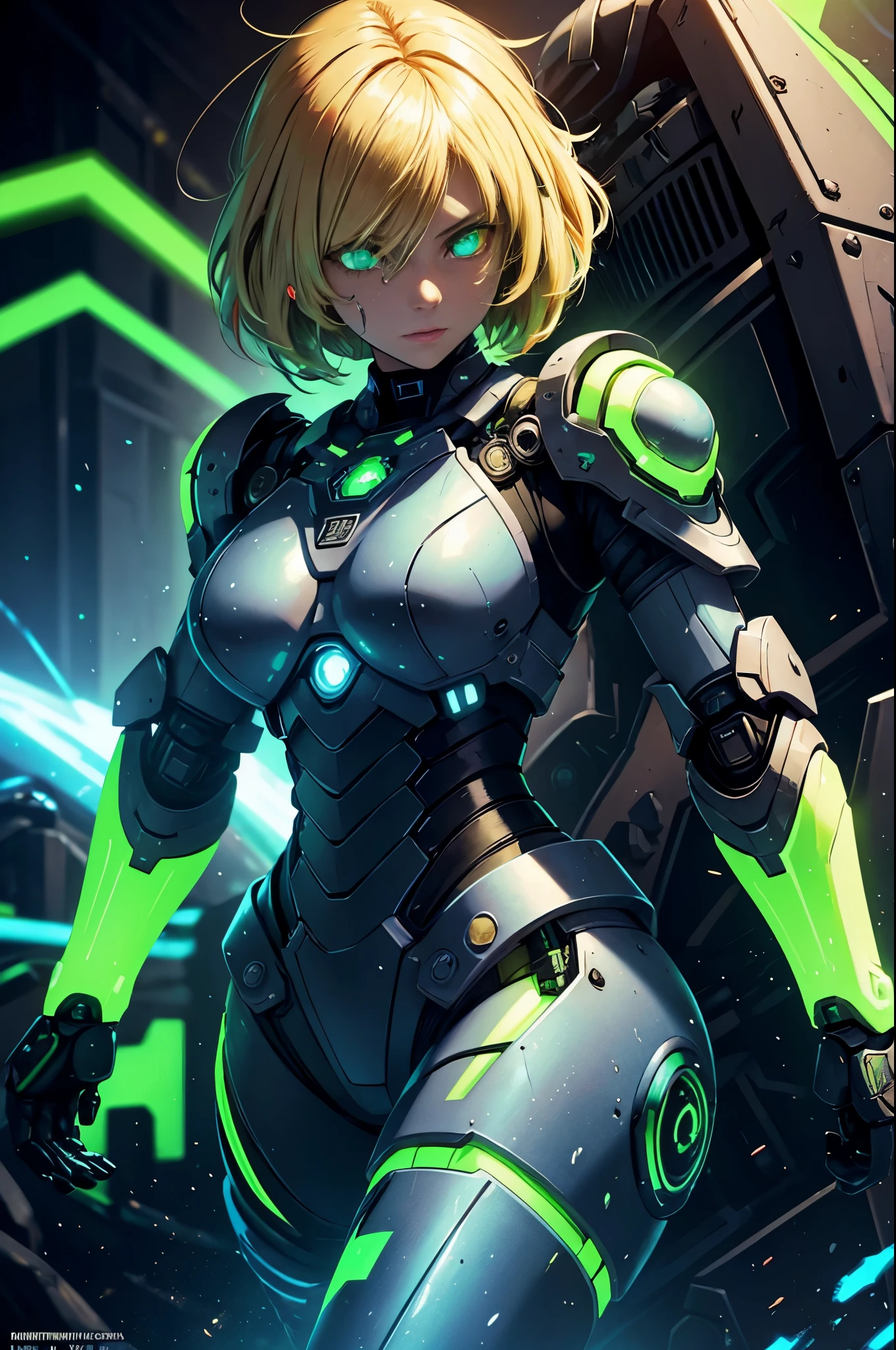 female technomage in power armour, blonde hair, glowing green eyes, blue technorunes, tattoo, extra mechanical arms