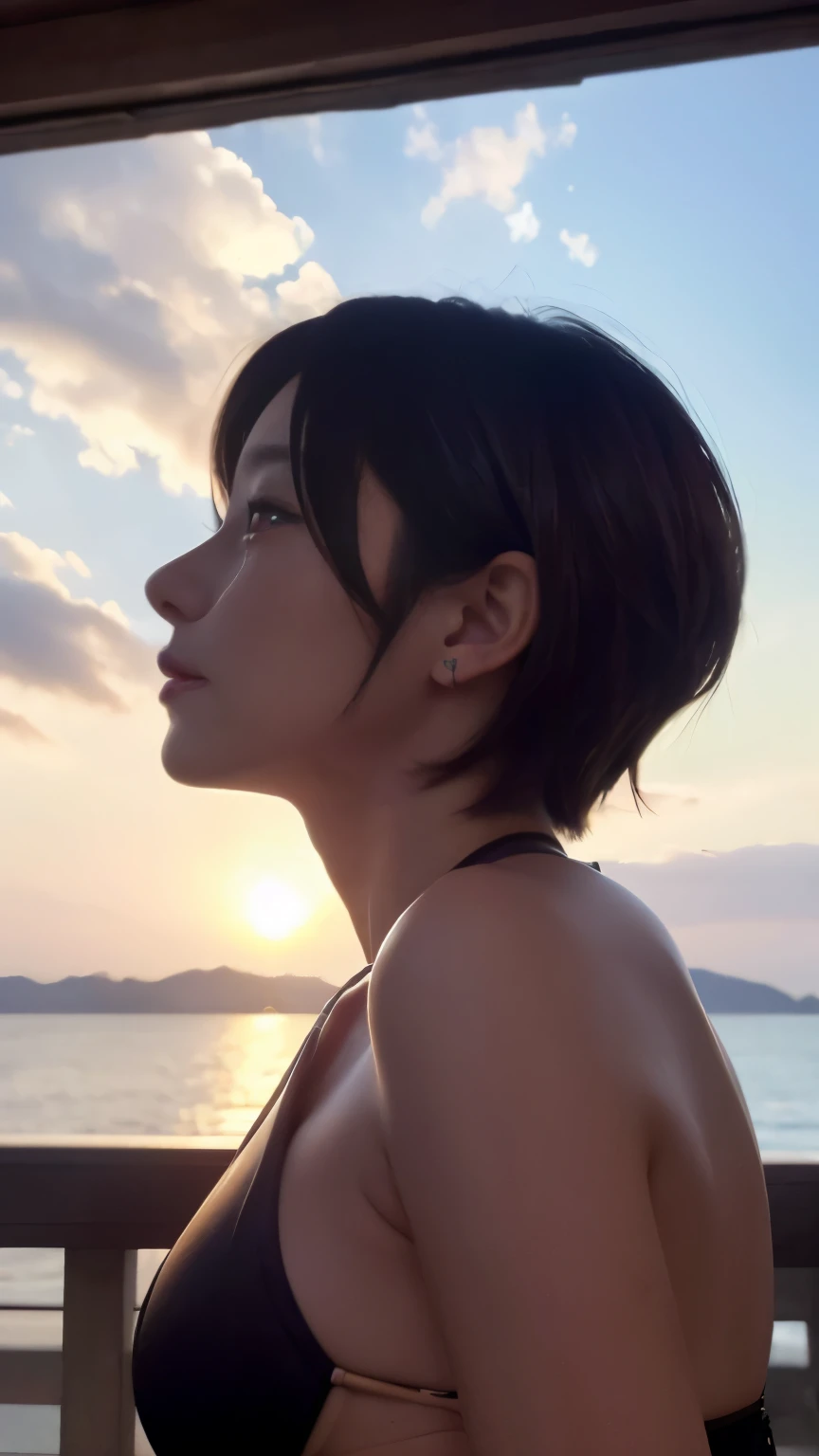 (highest quality,4K,8K,High resolution,table top:1.2),super detailed,(realistic,photorealistic,photo-realistic:1.37), studio lighting,Ultra-fine painting,sharp focus,Physically based rendering, extreme details,Professional,Bright colors, Bokeh, portrait, landscape, beautiful bob haircut girl, beautiful and fine eyes, plump breasts, colorful bikini, School, beautiful girl in the photo, sunset seashore, looking at the viewer, blushing face, (from below:1.4), japanese idol, korean idol, masterpiece