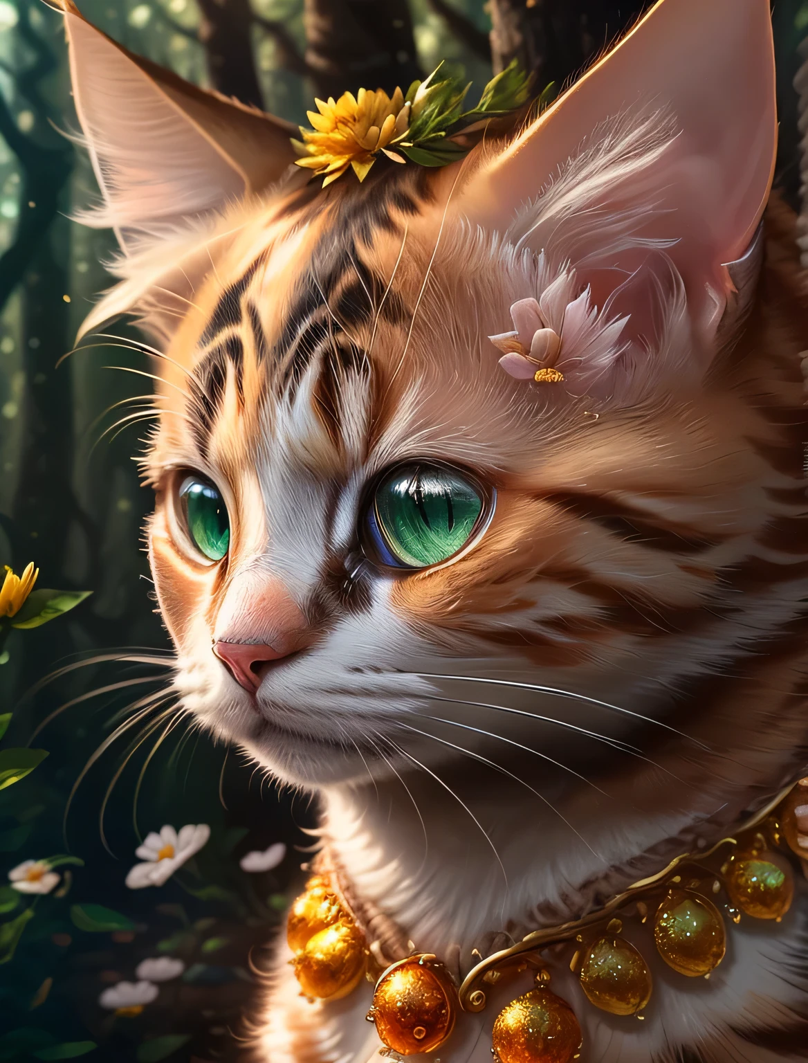 8k, high resolution, best quality, high detail, masterpiece, (Detailed face), (Detailed hair), soft light, go through , (Cat,印花布Cat,琥珀色眼睛的Cat,长毛Cat,Flower sea decoration,forest background,Background decoration green main color,戴着金花头饰的Cat,domineering,