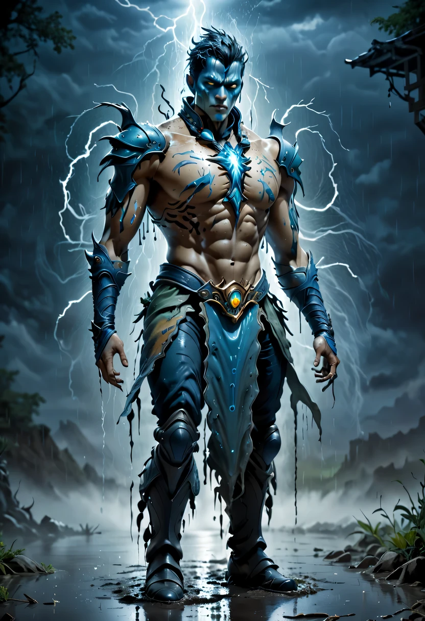 photo actual illustration of raziel holding the soul reaver , Put on a neck brace, (Stand in a puddle:1.4) night , (rain:1.2), (storm:1.3), wet, reflection in water , 史诗般的Light, Light, dark fantasy style , high resolution, (Detailed images:1), Crazy details, soft, (actual:1), full color, (3d:1), (Very detailed:1.2), masterpiece, 8K Ultra HD, the art of mathematics, Popular topics on Artstation